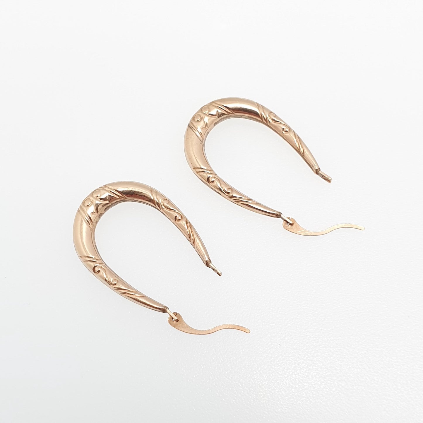 Vintage 9ct 375 Gold Creole Hoop Earrings Gypsy Solid Yellow 9k Leaf Wreath Texture 1980s Full Dangle Hanging Girls Womens Jewelry Jewellery