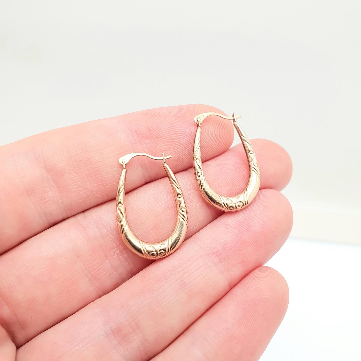 Vintage 9ct 375 Gold Creole Hoop Earrings Gypsy Solid Yellow 9k Leaf Wreath Texture 1980s Full Dangle Hanging Girls Womens Jewelry Jewellery