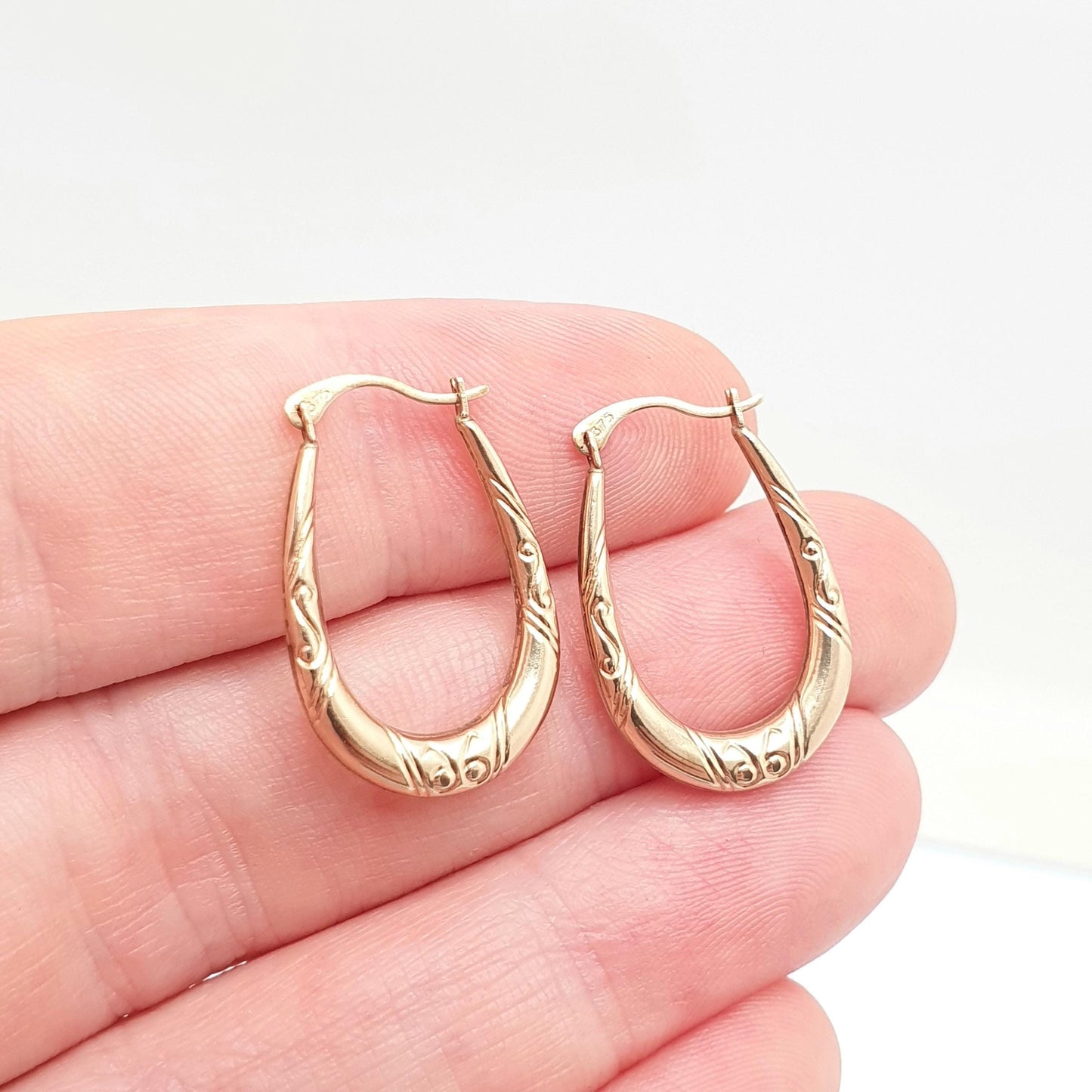 Vintage 9ct 375 Gold Creole Hoop Earrings Gypsy Solid Yellow 9k Leaf Wreath Texture 1980s Full Dangle Hanging Girls Womens Jewelry Jewellery