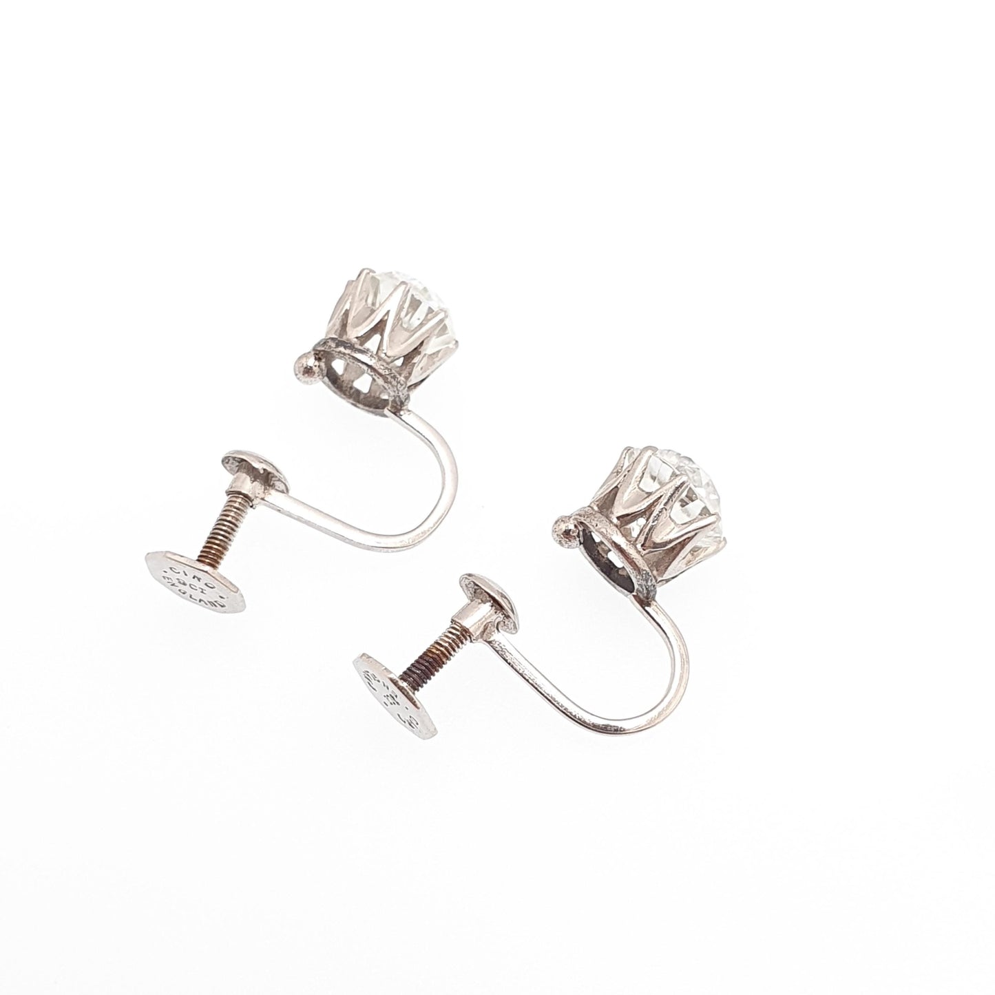 Antique 9ct 9k Gold White Sapphire Earrings Real Genuine Gemstone Solid 375 Art Deco Solitaire CIRO Screw Back Vintage Jewelry Jewellery