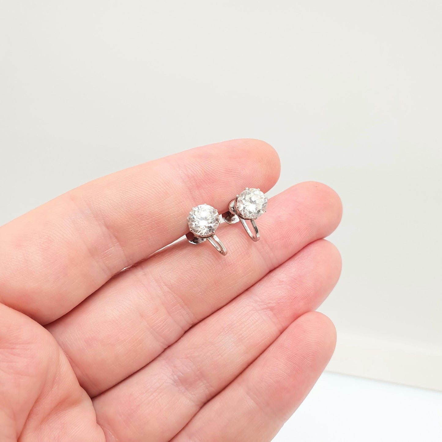 Antique 9ct 9k Gold White Sapphire Earrings Real Genuine Gemstone Solid 375 Art Deco Solitaire CIRO Screw Back Vintage Jewelry Jewellery