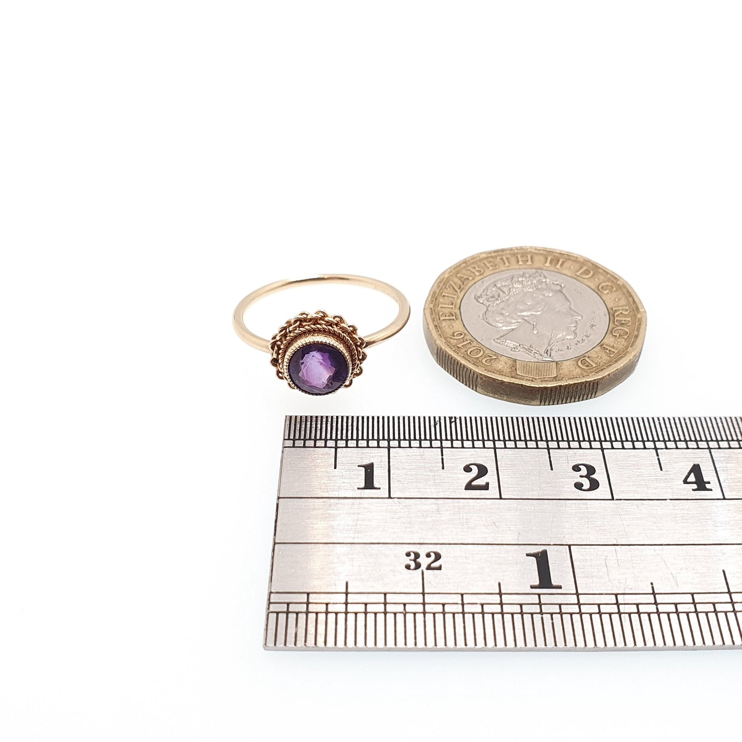 Vintage 9ct 375 Gold Amethyst Ring Round Cut Solid 9k 1983 Hallmark Deep Purple Soliatire Gemstone Genuine Real Womens Jewellery Jewelry