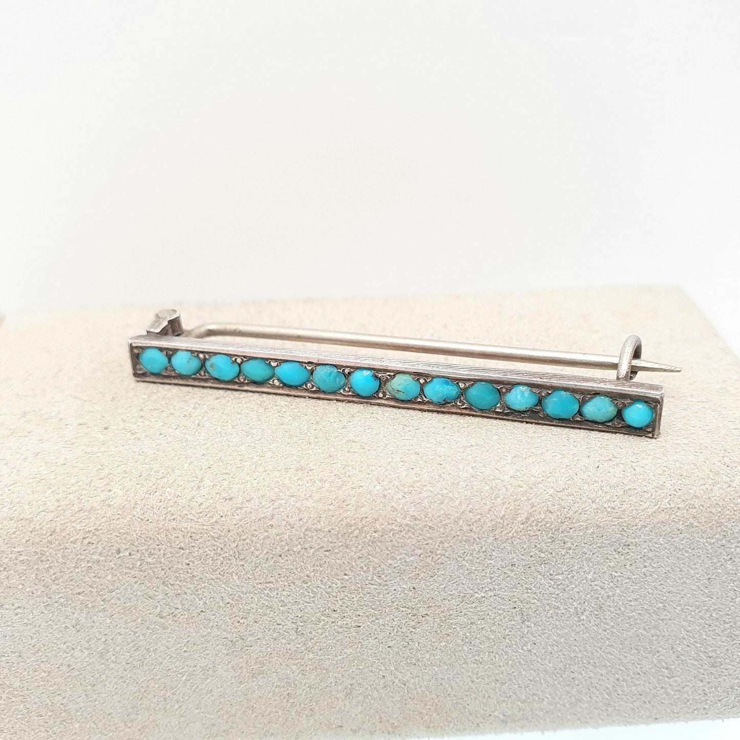 Antique Solid Silver Turquoise Brooch Victorian Bar Pin Rectangular Natural Gemstone Oval Cabochon Cyan Womens Jewelry Jewellery Vintage