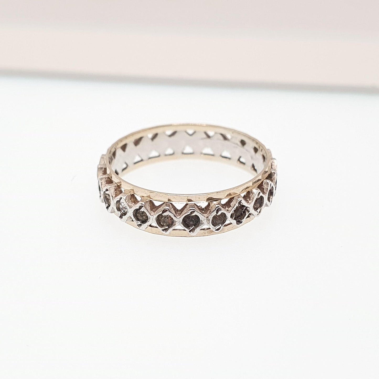 Antique 9ct 9k Gold Solid Silver Eternity Ring Diamond Paste Band Kite Art Deco Sparkly Full Vintage 1920s Womens Jewelry Jewellery
