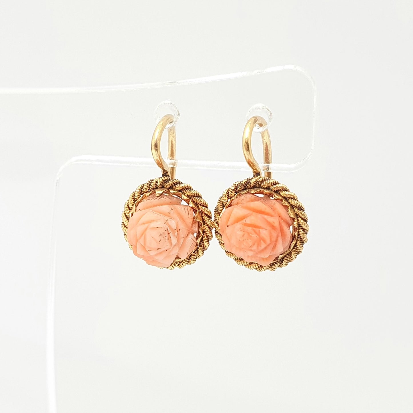 Antique 18k 18ct Gold Coral Earrings Carved Flower Angle Skin Orange Solid 750 Hook Drop Dangle Italian Elegant Womens Jewelry Jewellery