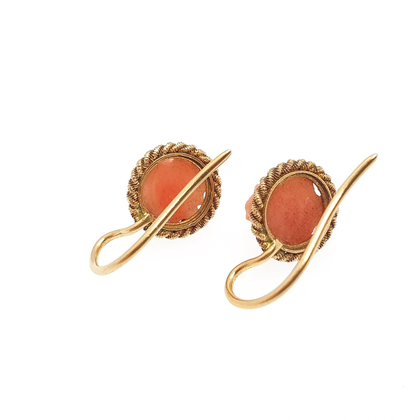 Antique 18k 18ct Gold Coral Earrings Carved Flower Angle Skin Orange Solid 750 Hook Drop Dangle Italian Elegant Womens Jewelry Jewellery