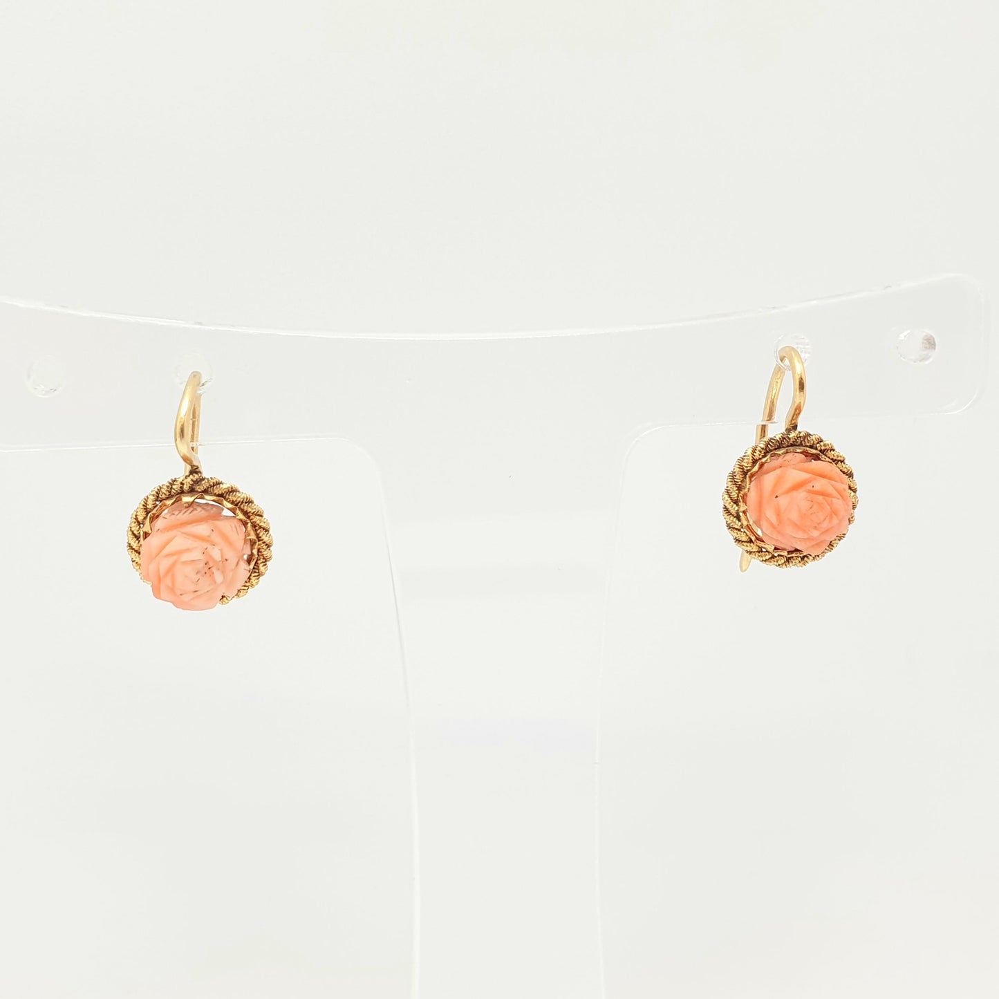 Antique 18k 18ct Gold Coral Earrings Carved Flower Angle Skin Orange Solid 750 Hook Drop Dangle Italian Elegant Womens Jewelry Jewellery