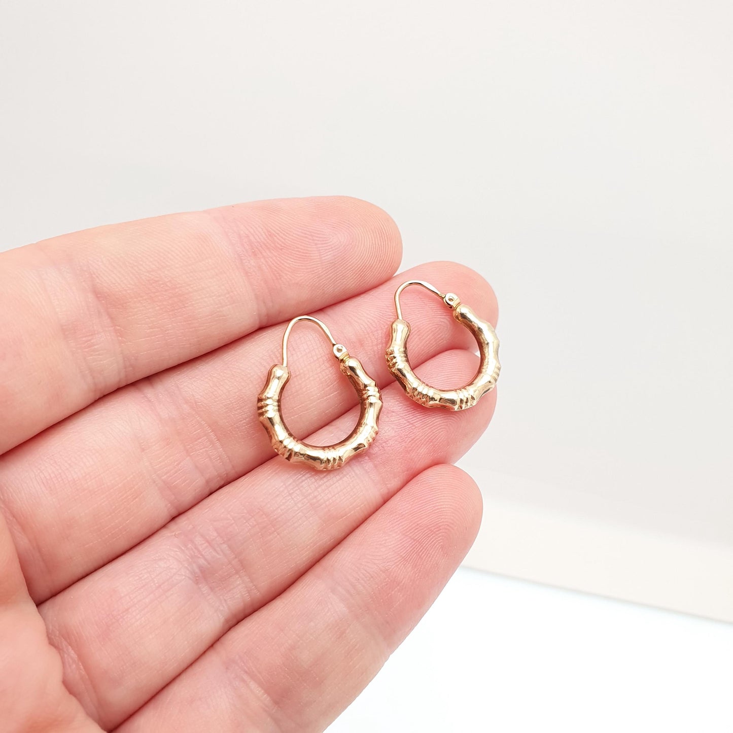 Vintage 9ct 9k Gold Bamboo Hoop Earrings Gypsy Bone Solid 375 9 Carat Safety Latch 1980s Dangle Hanging Ladies Womens Jewelry Jewellery