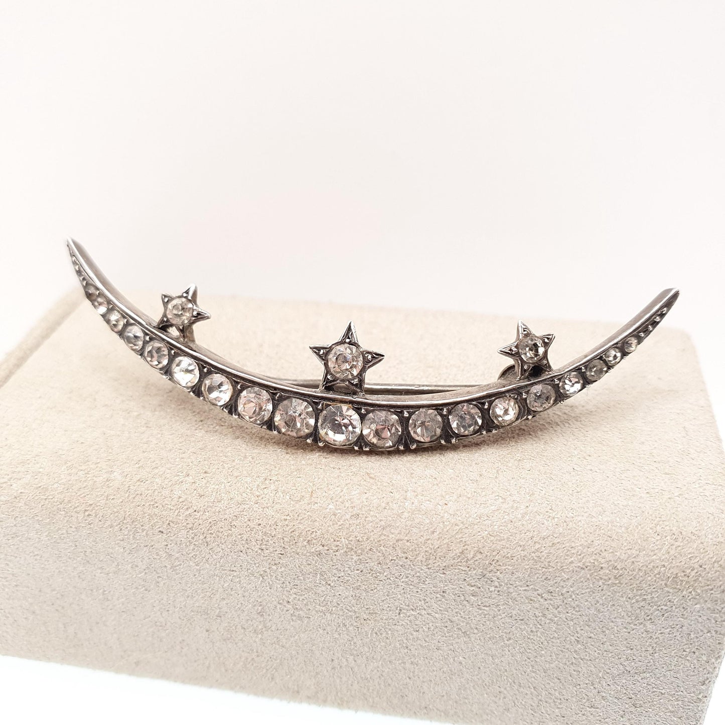 Antique Victorian Crescent Moon & Star Solid Silver Brooch Pin Diamond Paste Parisian Diamond Company Vintage White 1800s Jewellery Jewelry