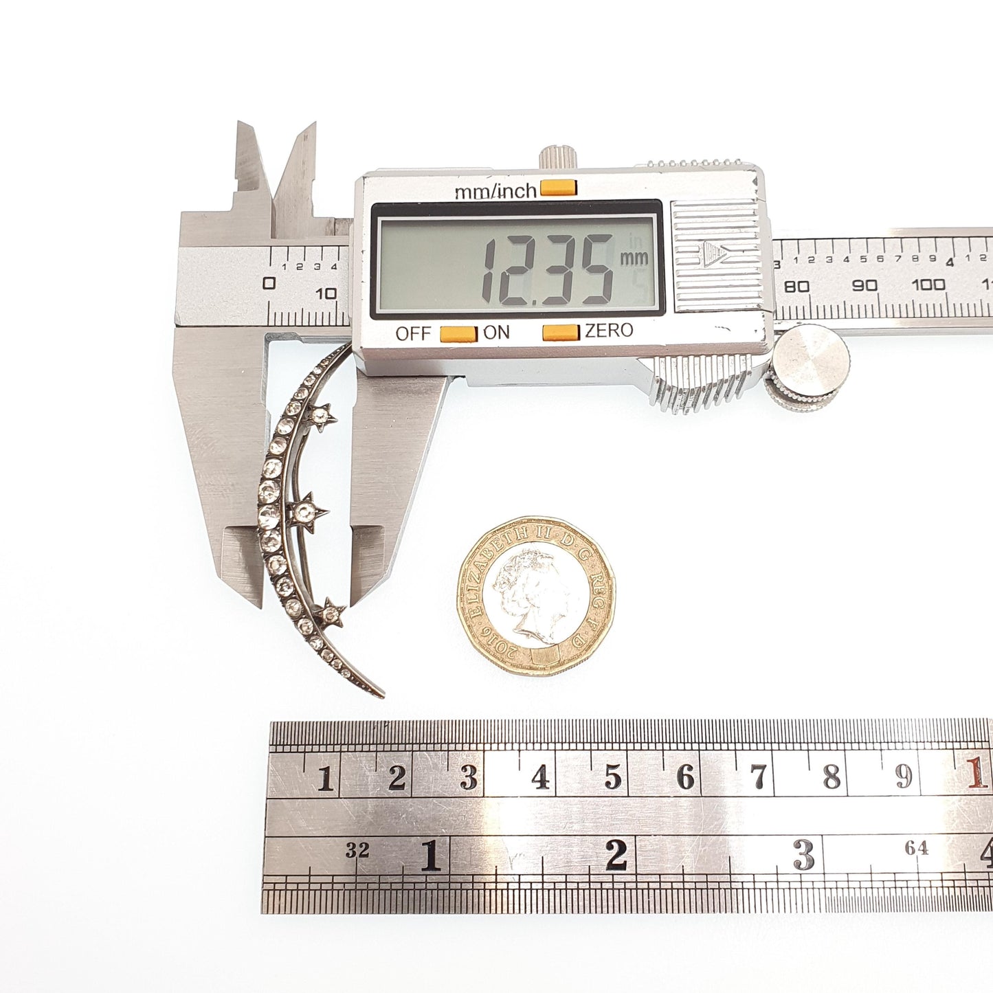 Antique Victorian Crescent Moon & Star Solid Silver Brooch Pin Diamond Paste Parisian Diamond Company Vintage White 1800s Jewellery Jewelry