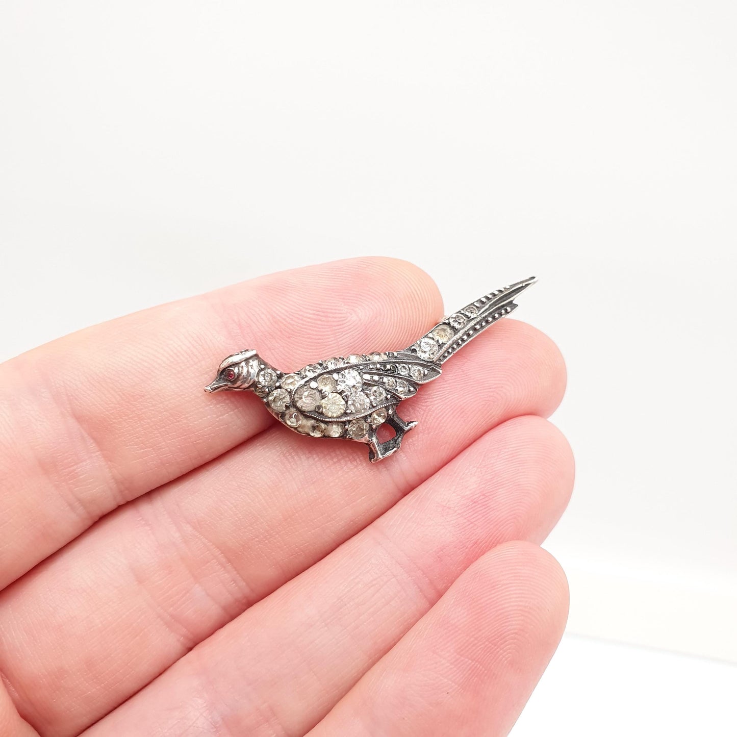 Antique Sterling Silver Pheasant Bird Brooch Diamond Paste Hunting Partridge Game Art Deco Fine 935 Silver Grouse Vintage Womens Jewelry