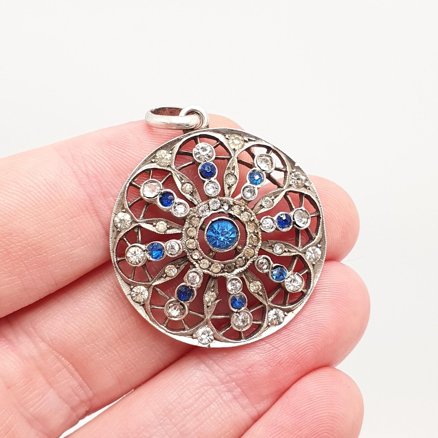 Antique Solid Silver Sapphire & Diamond Paste Pendant Necklace Large Art Nouveau Swirl Web Spiral Sparkly Vintage Womens Jewellery Jewelry