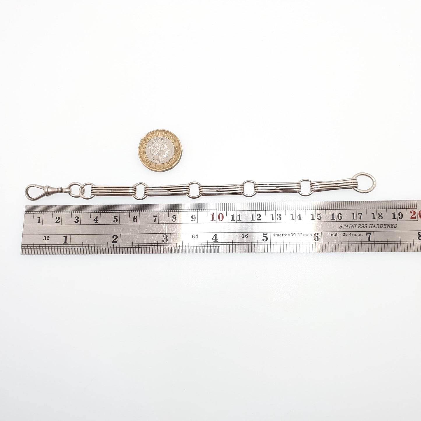 Antique Sterling Silver Bar Link Albert Bracelet Chain Rectangular Links Dog Clip Staple Fancy 16.93g 18cm Vintage Womens Mens Jewelry