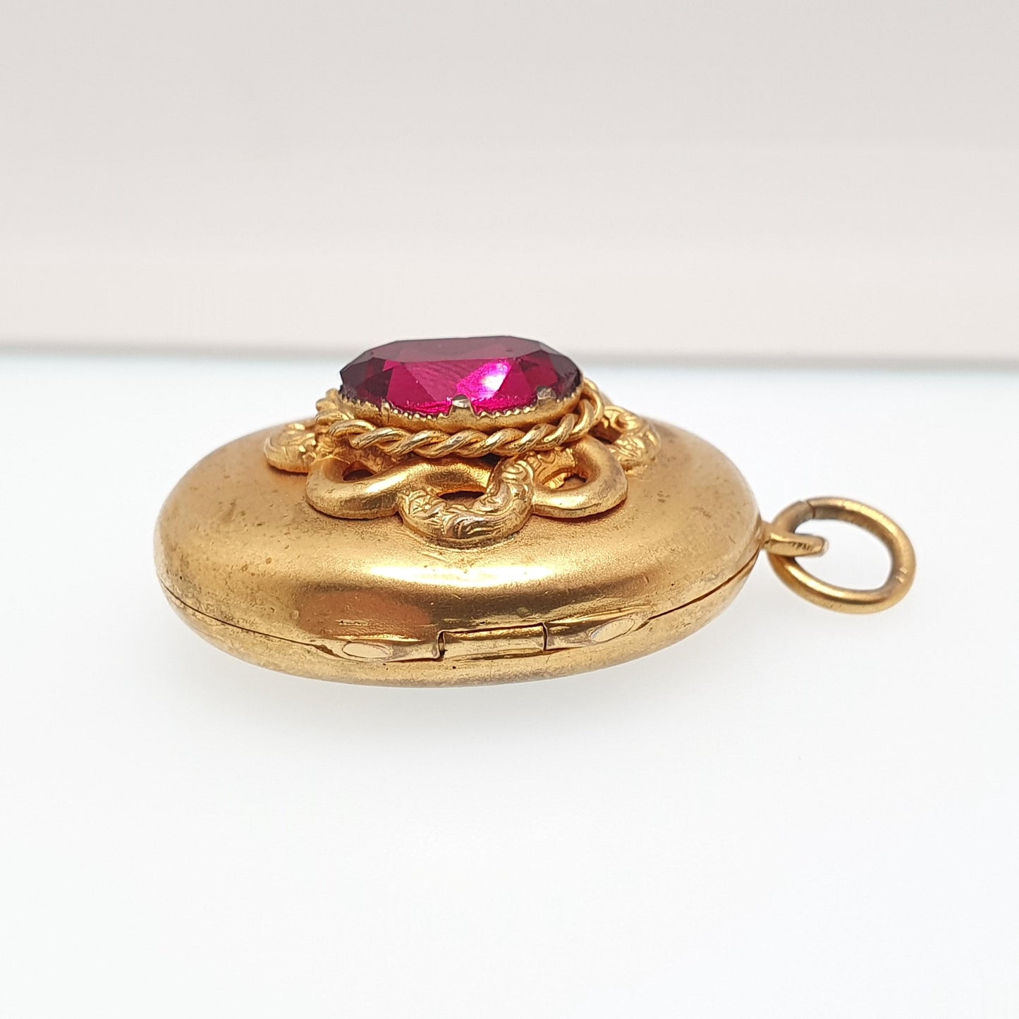 Antique Victorian Gold Gilt Locket Amethyst Paste Large Big Knot Pattern Photo Necklace Pendant Oval Vintage Picture Jewellery Jewelry