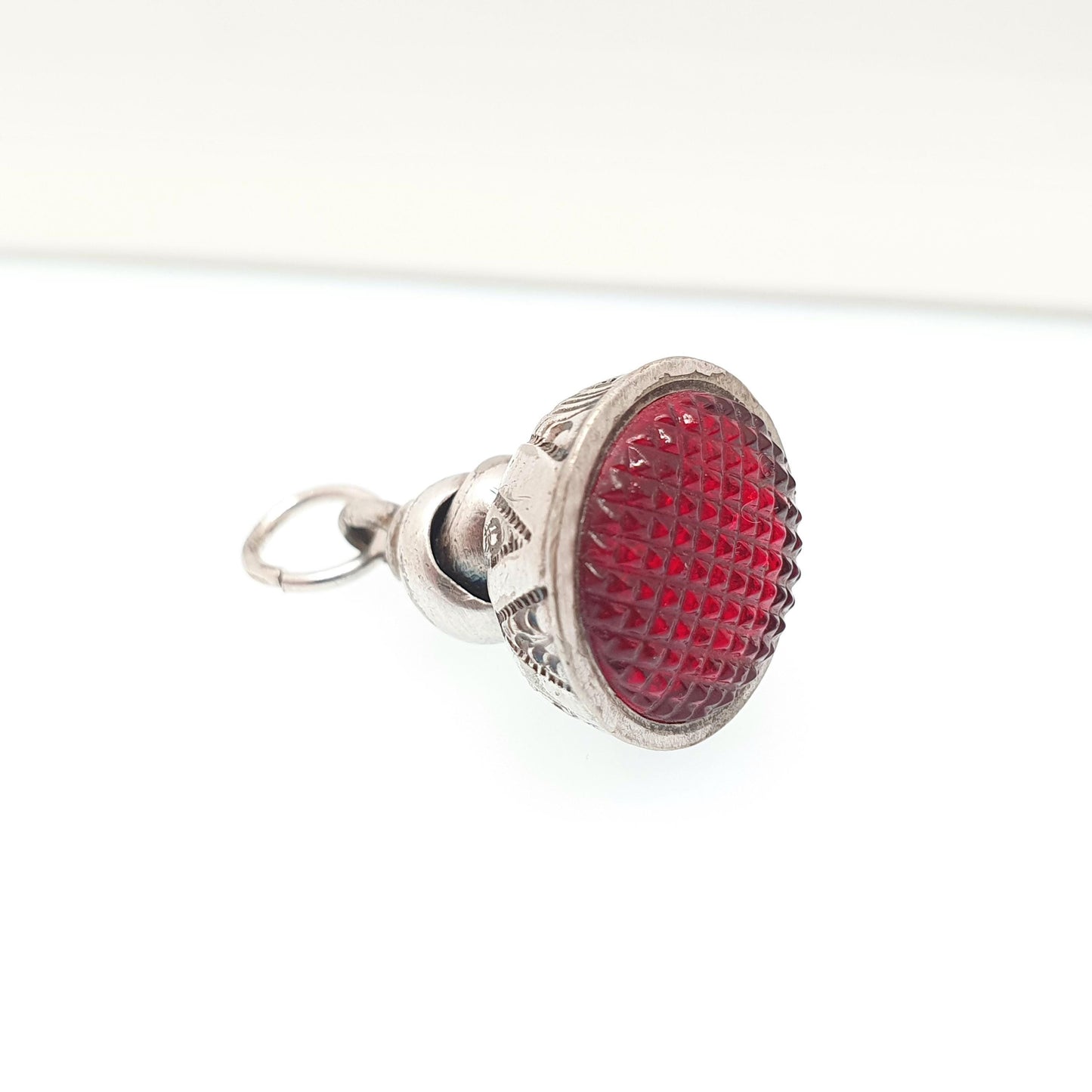 Antique Georgian Fob Pendant Silver Plate Garnet Paste Necklace Dimpled Red Glass Letter Seal Gemstone Fine Estate Vintage Jewelry Jewellery