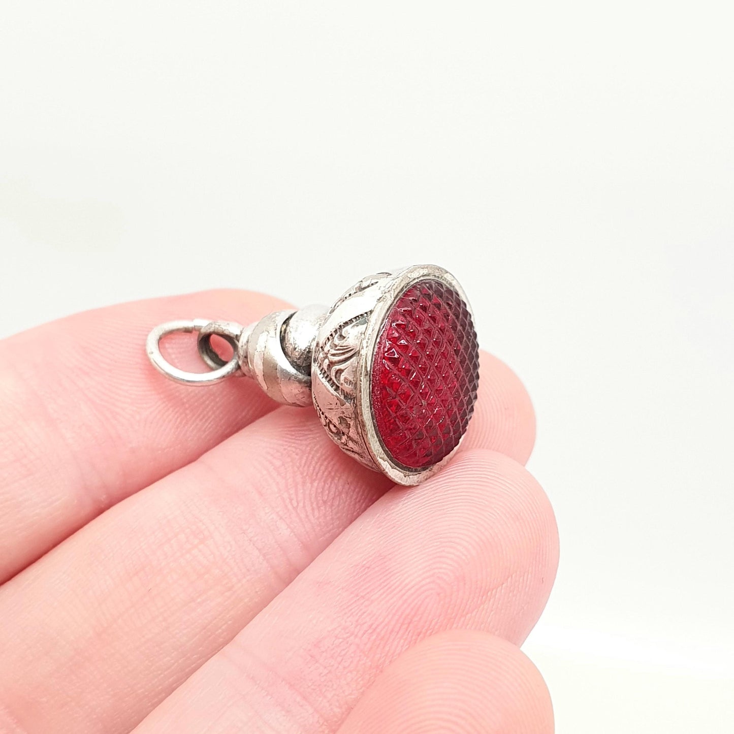 Antique Georgian Fob Pendant Silver Plate Garnet Paste Necklace Dimpled Red Glass Letter Seal Gemstone Fine Estate Vintage Jewelry Jewellery