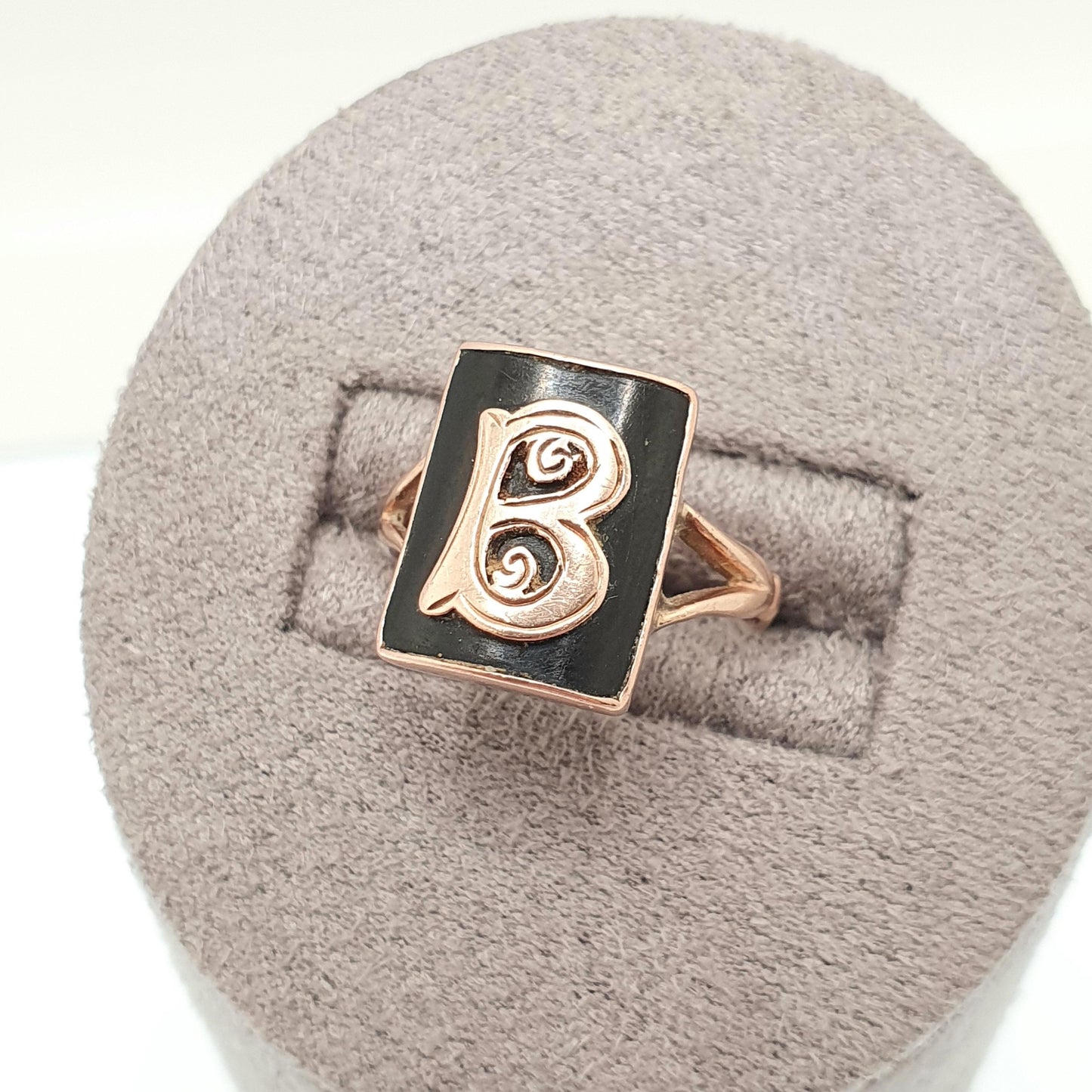 Antique 9ct Rose Gold "B" B Ring Art Deco Signet Rectangular Initial Letter Name Solid 9k 9kt Faux Onyx Womens Vintage Jewelry Jewellery