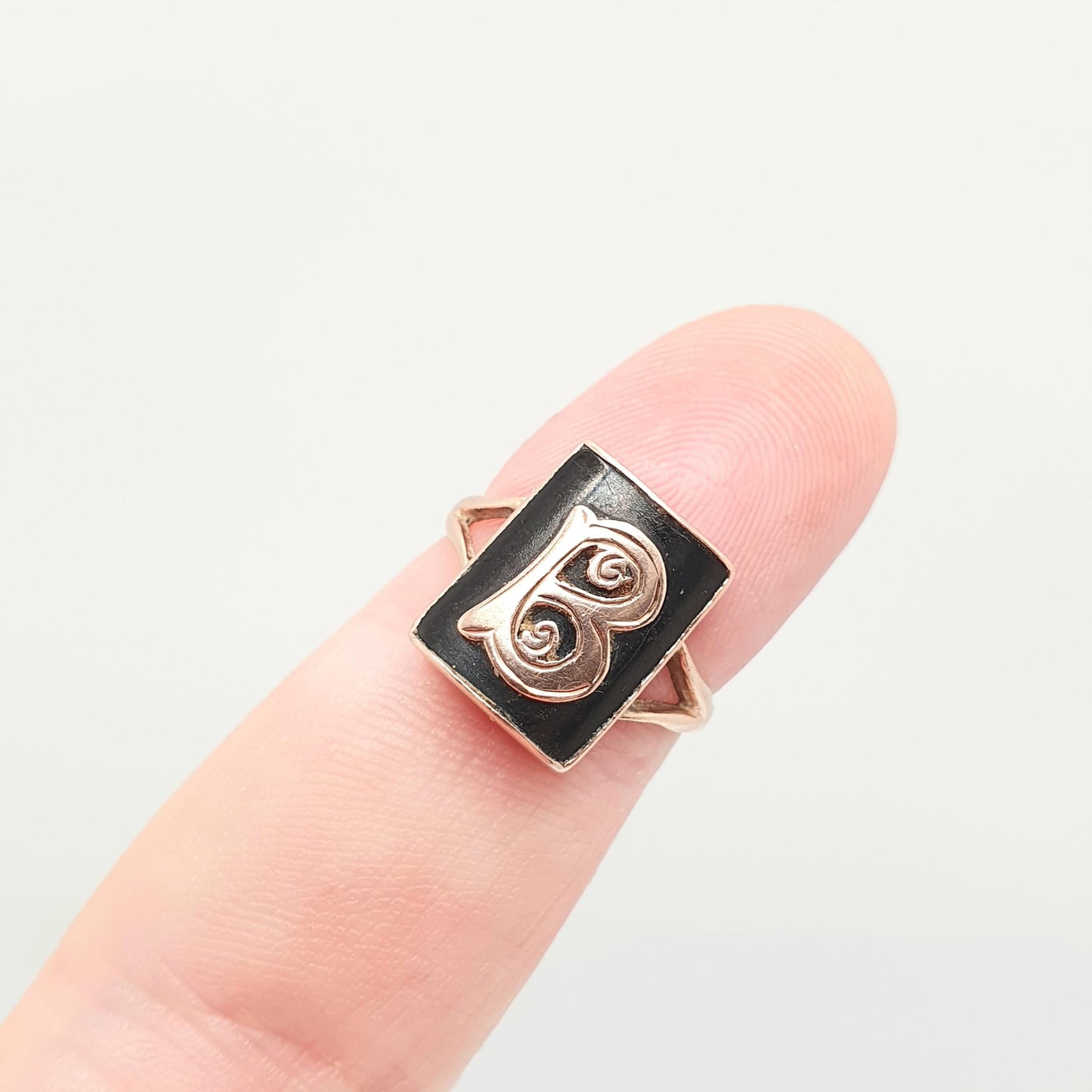 Antique 9ct Rose Gold "B" B Ring Art Deco Signet Rectangular Initial Letter Name Solid 9k 9kt Faux Onyx Womens Vintage Jewelry Jewellery