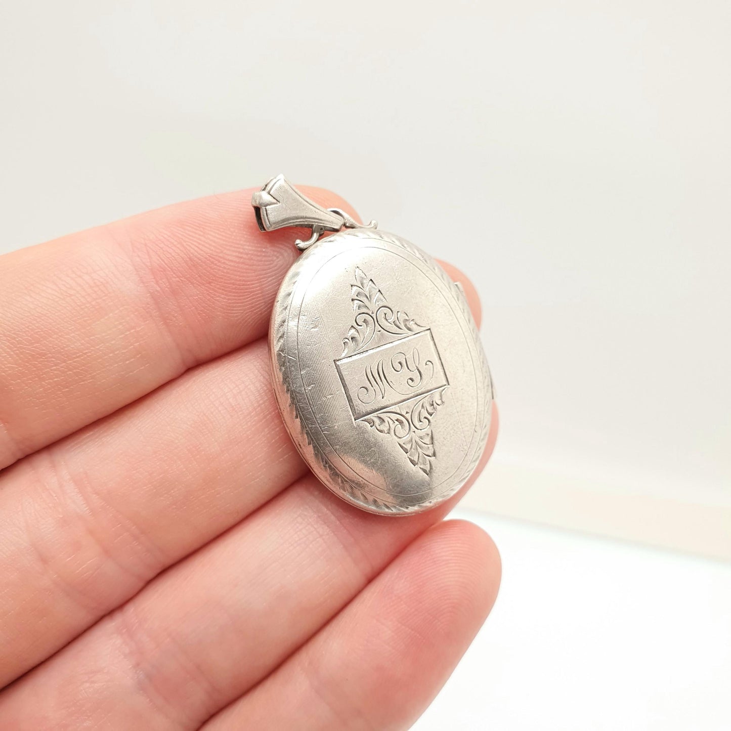 Antique Victorian Sterling Silver Locket MY Monogram Engraved Large Big Oval Pendant Picture Photo 1800s Vintage Womens Jewelry Jewellery