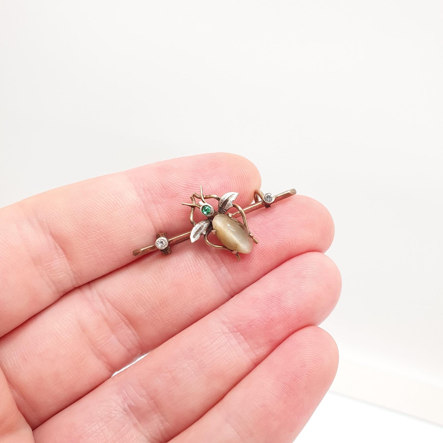 Antique Victorian Fly Bug Brooch Pin Cats Eye Diamond Paste Gold Gilt Chrysoberyl Vintage Insect Rare Gift Womens Vintage Jewellery Jewelry