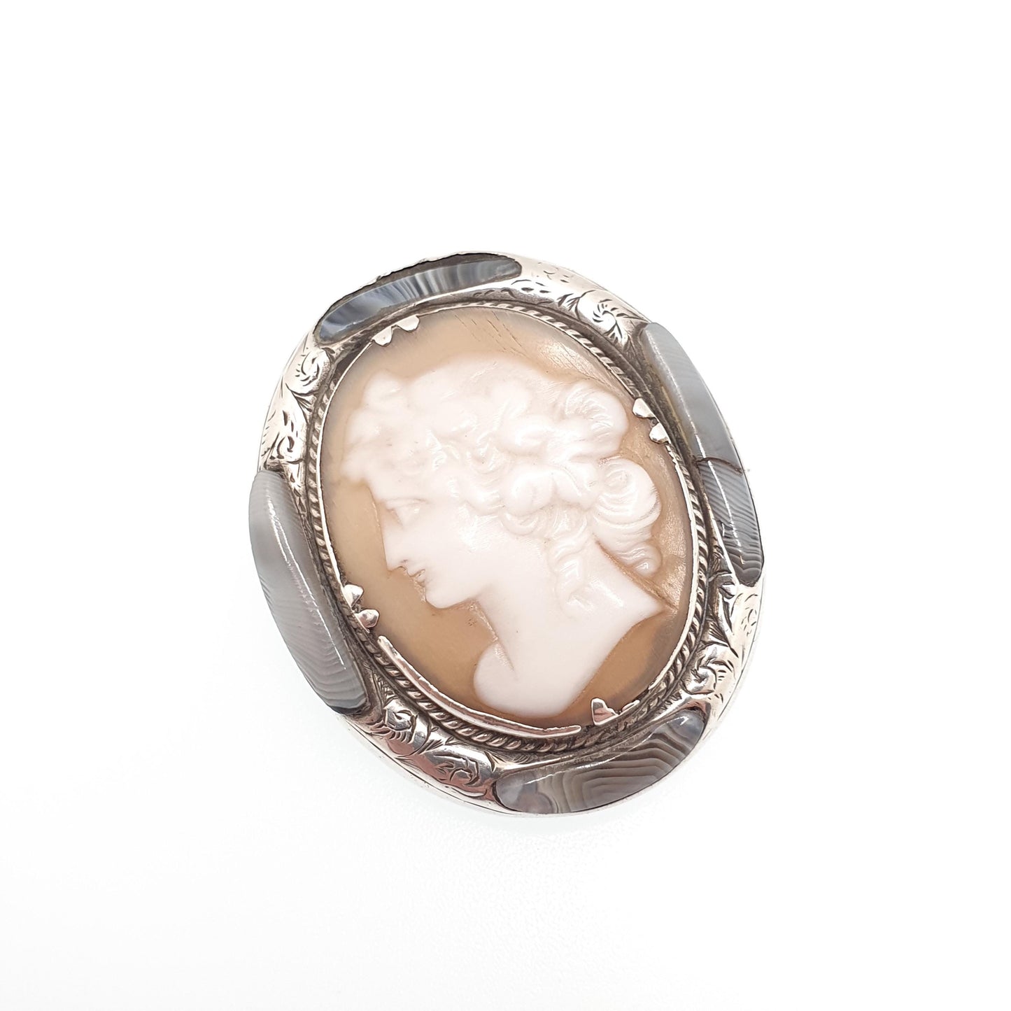 Antique Victorian Cameo Brooch Solid Silver Scottish Lace Agate Rare Find Finely Carved Shell Gemstone Large Big Vintage Jewelry Jewellery