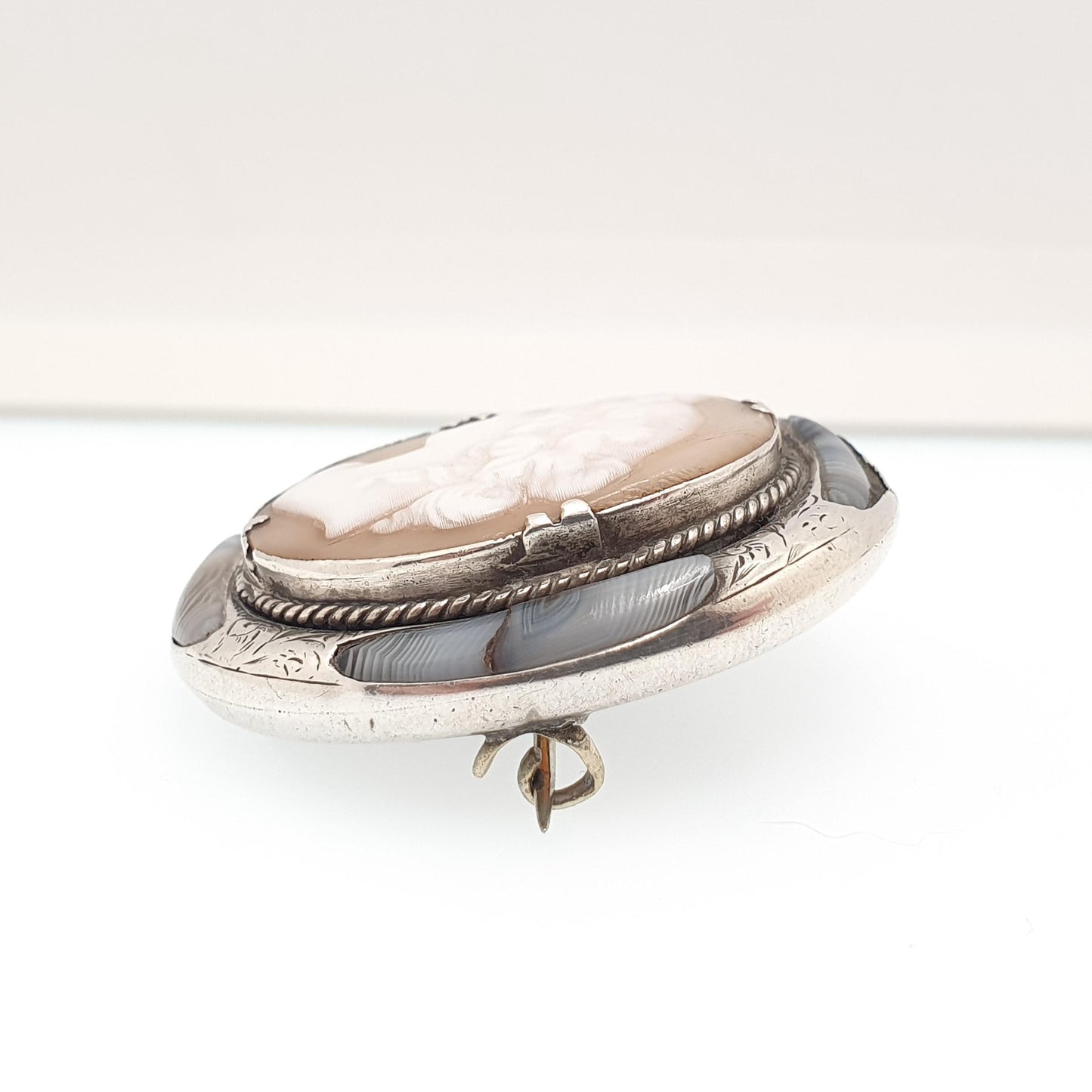 Antique Victorian Cameo Brooch Solid Silver Scottish Lace Agate Rare Find Finely Carved Shell Gemstone Large Big Vintage Jewelry Jewellery