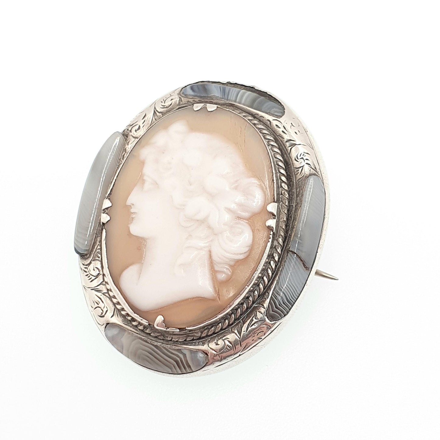 Antique Victorian Cameo Brooch Solid Silver Scottish Lace Agate Rare Find Finely Carved Shell Gemstone Large Big Vintage Jewelry Jewellery