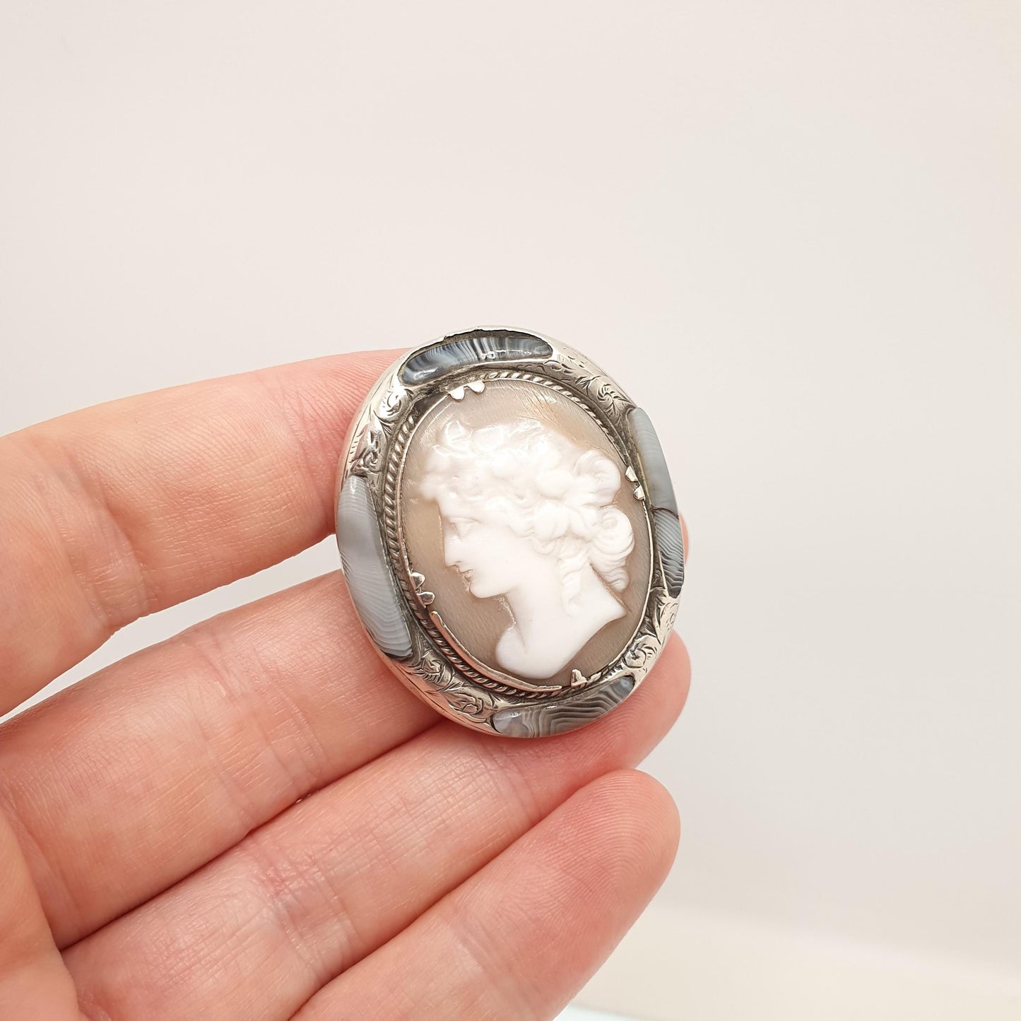 Antique Victorian Cameo Brooch Solid Silver Scottish Lace Agate Rare Find Finely Carved Shell Gemstone Large Big Vintage Jewelry Jewellery