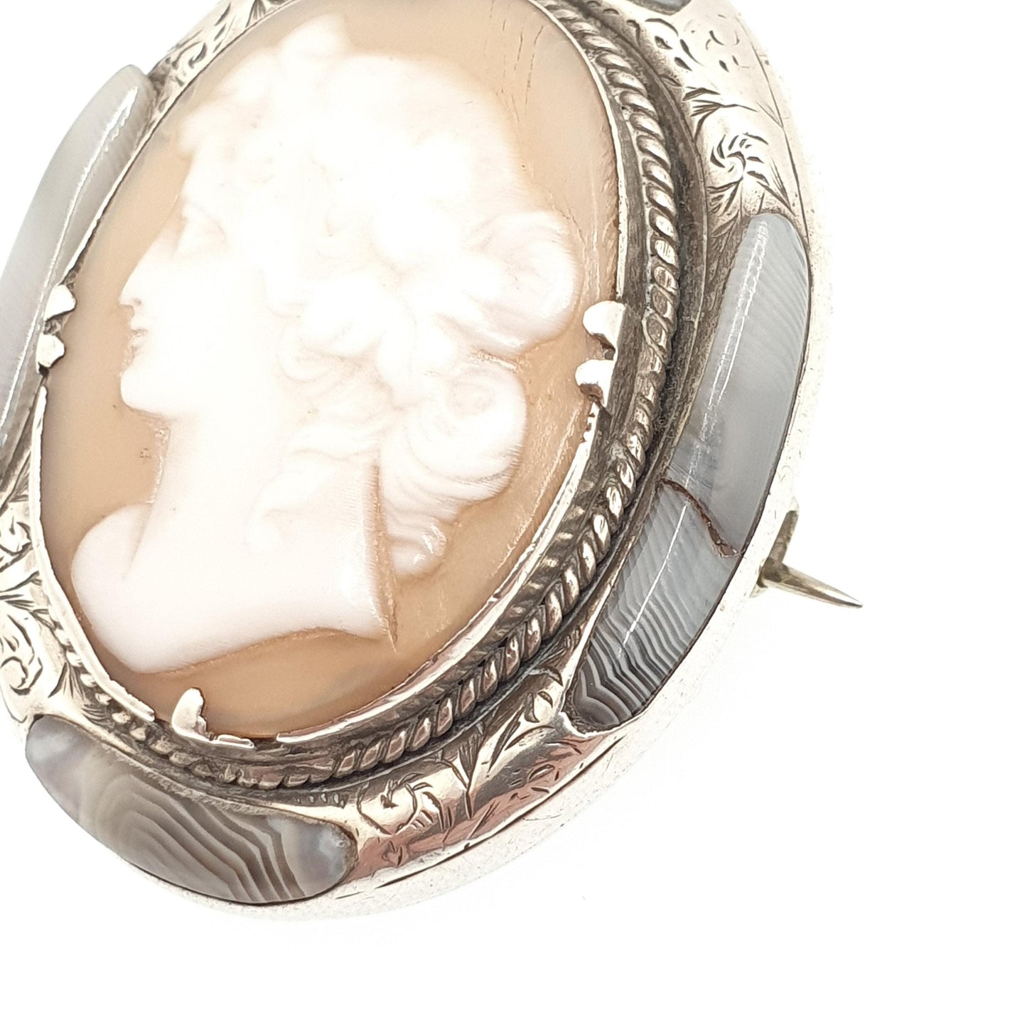 Antique Victorian Cameo Brooch Solid Silver Scottish Lace Agate Rare Find Finely Carved Shell Gemstone Large Big Vintage Jewelry Jewellery