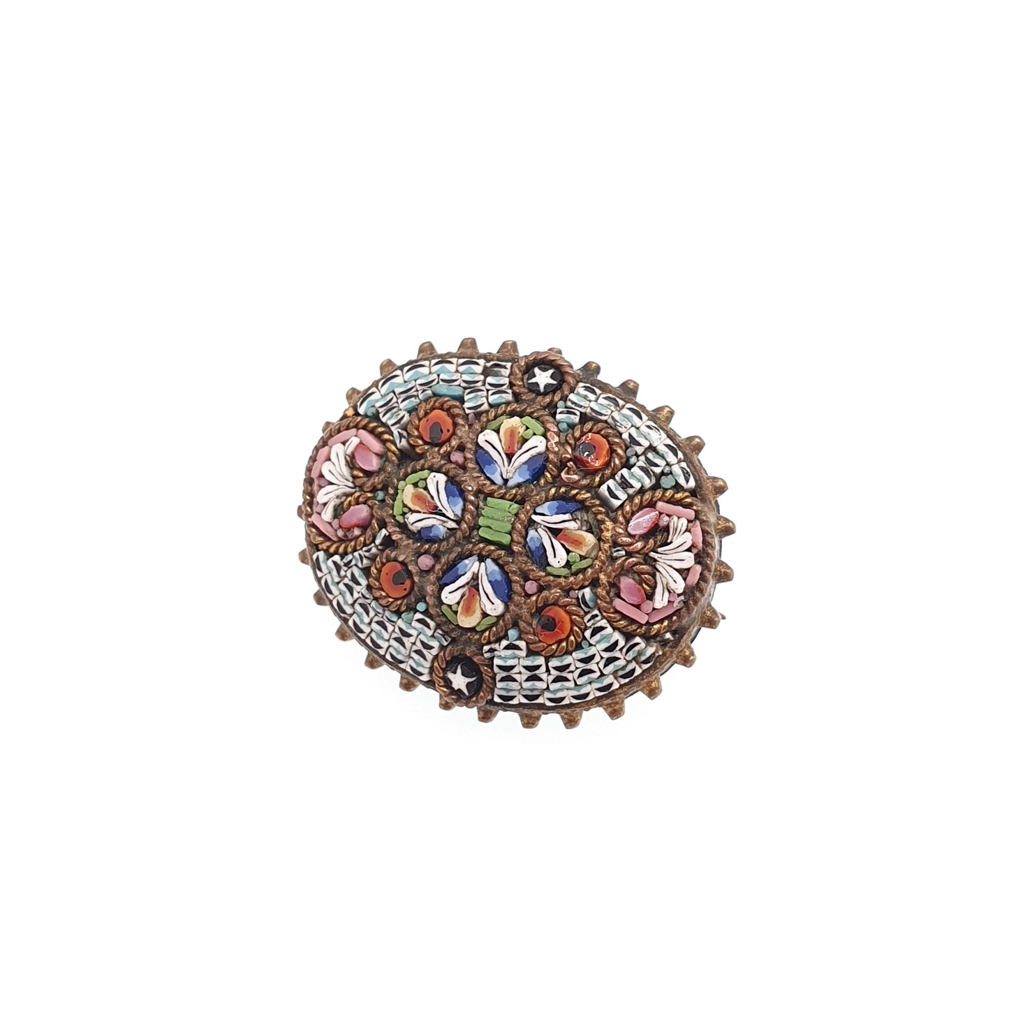 Antique Victorian Fine Micromosaic Brooch Micro Mosaic Gold Gilt Dome Flower Small Millefiori Italy Italian 1800s Vintage Jewelry Jewellery
