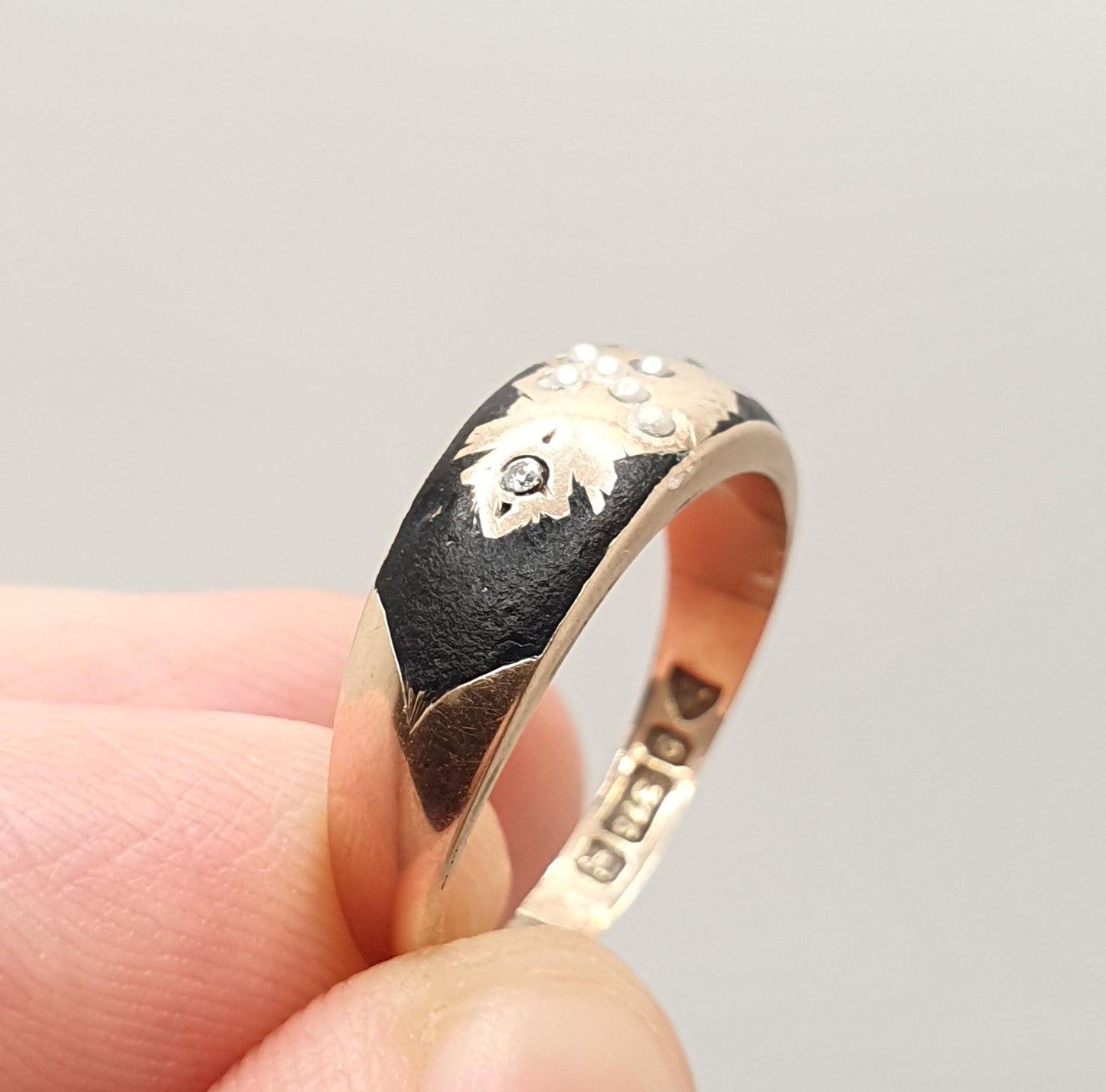 Antique 9ct 9k Gold Mourning Ring Seed Pearl Black Enamel Crucifix Cross 1901 Hallmark Solid 375 Paste Womens Vintage Jewelry Jewellery
