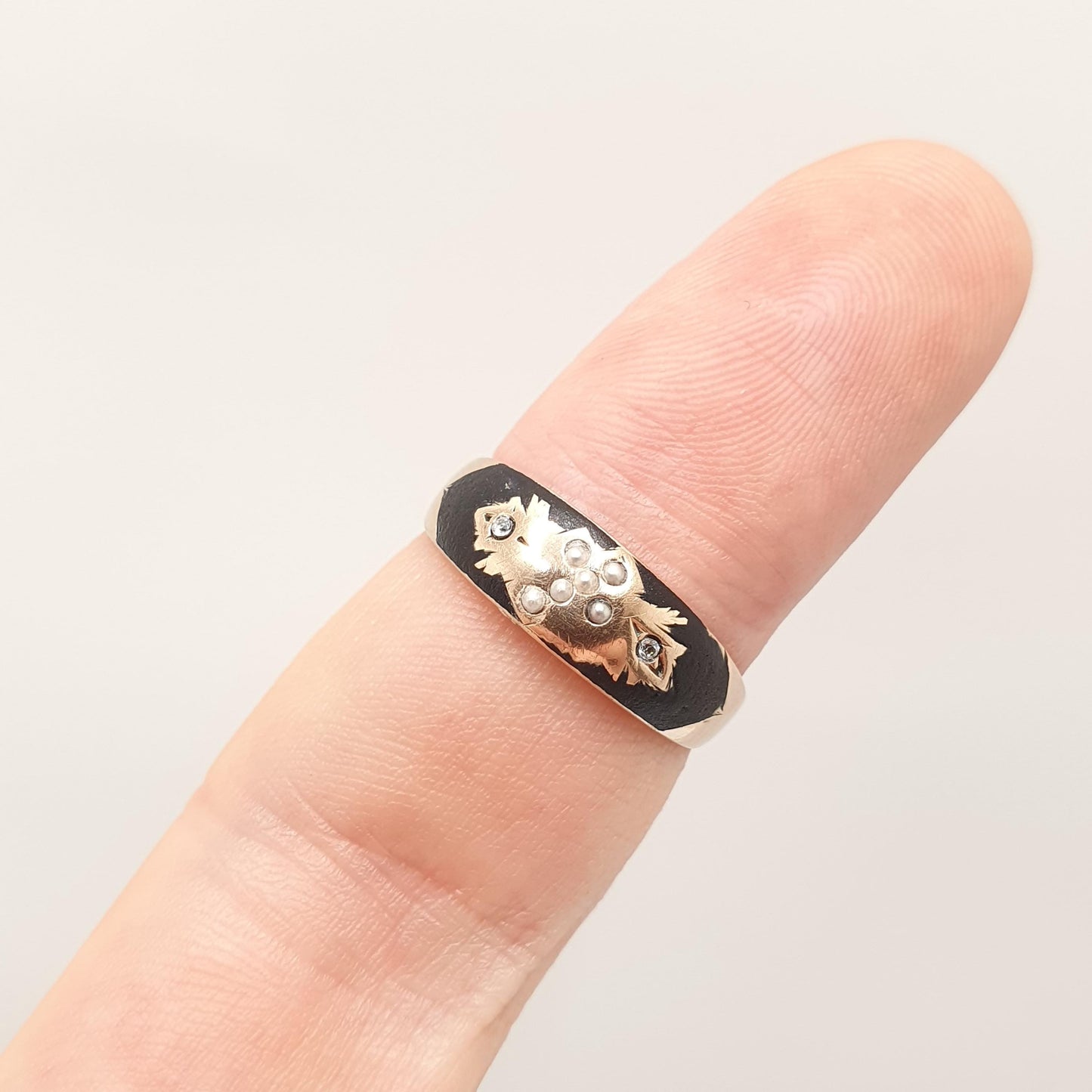 Antique 9ct 9k Gold Mourning Ring Seed Pearl Black Enamel Crucifix Cross 1901 Hallmark Solid 375 Paste Womens Vintage Jewelry Jewellery