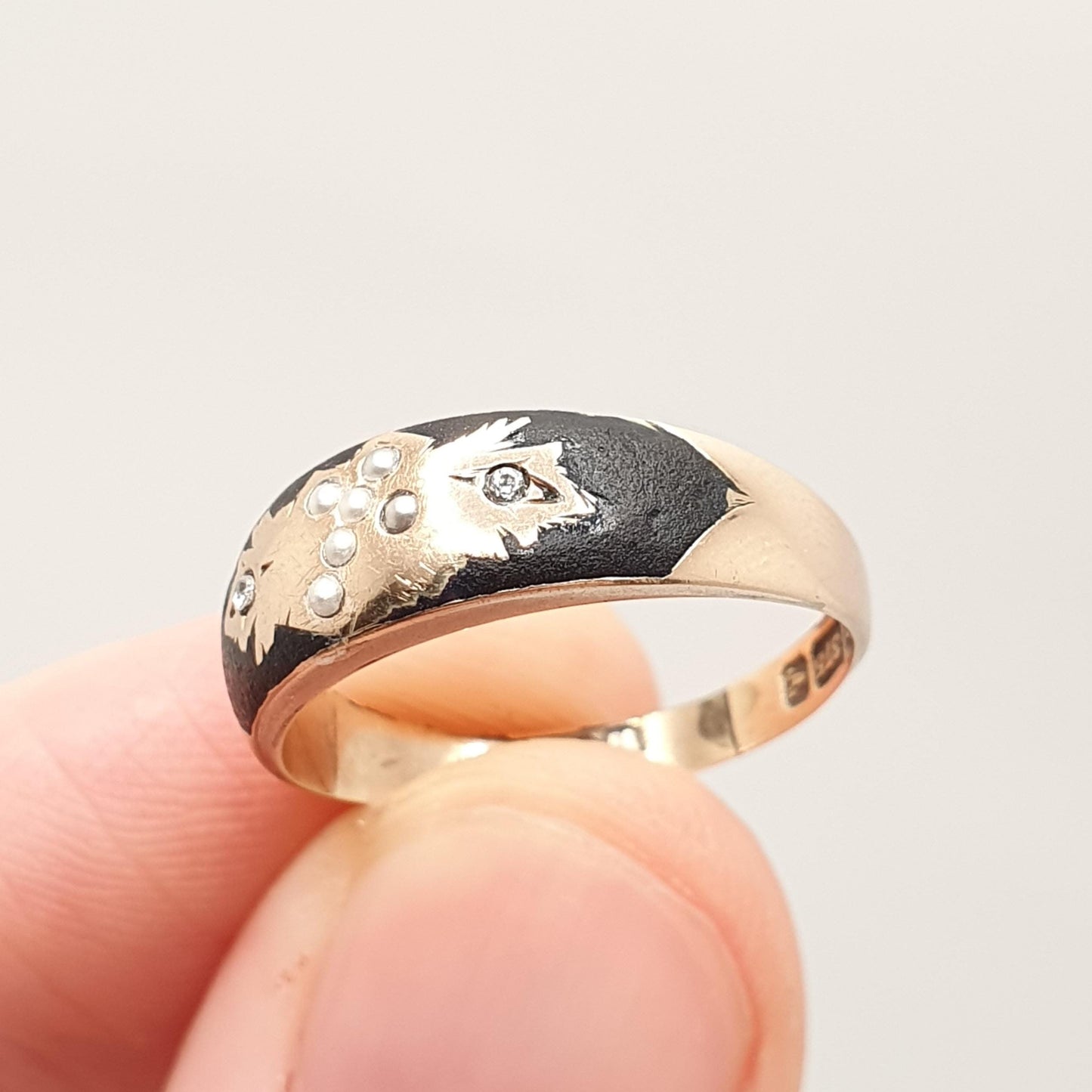 Antique 9ct 9k Gold Mourning Ring Seed Pearl Black Enamel Crucifix Cross 1901 Hallmark Solid 375 Paste Womens Vintage Jewelry Jewellery