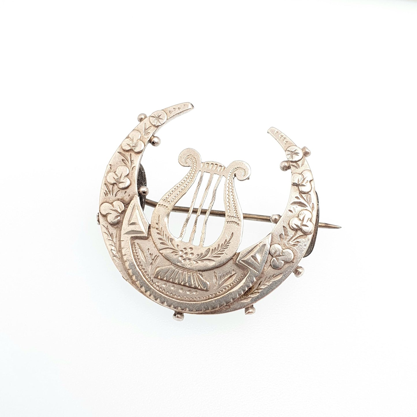 Antique Sterling Silver Crescent Moon Brooch Lyre Flower Engraved Victorian Sweetheart Celestial Vintage Harp Womens Jewelry Jewellery