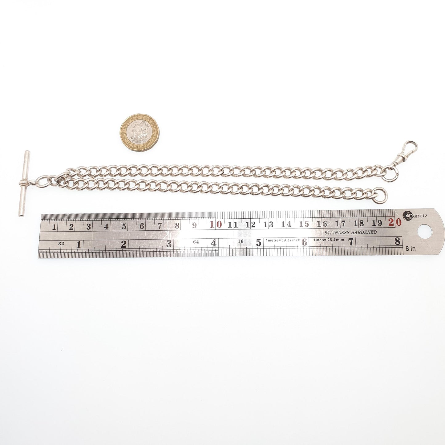 Antique Victorian Sterling Silver Albert Chain T Bar Necklace Curb Link Dog Clip 40cm 15.7" 53.41g 1916 Hallmark Vintage Jewelry Womens