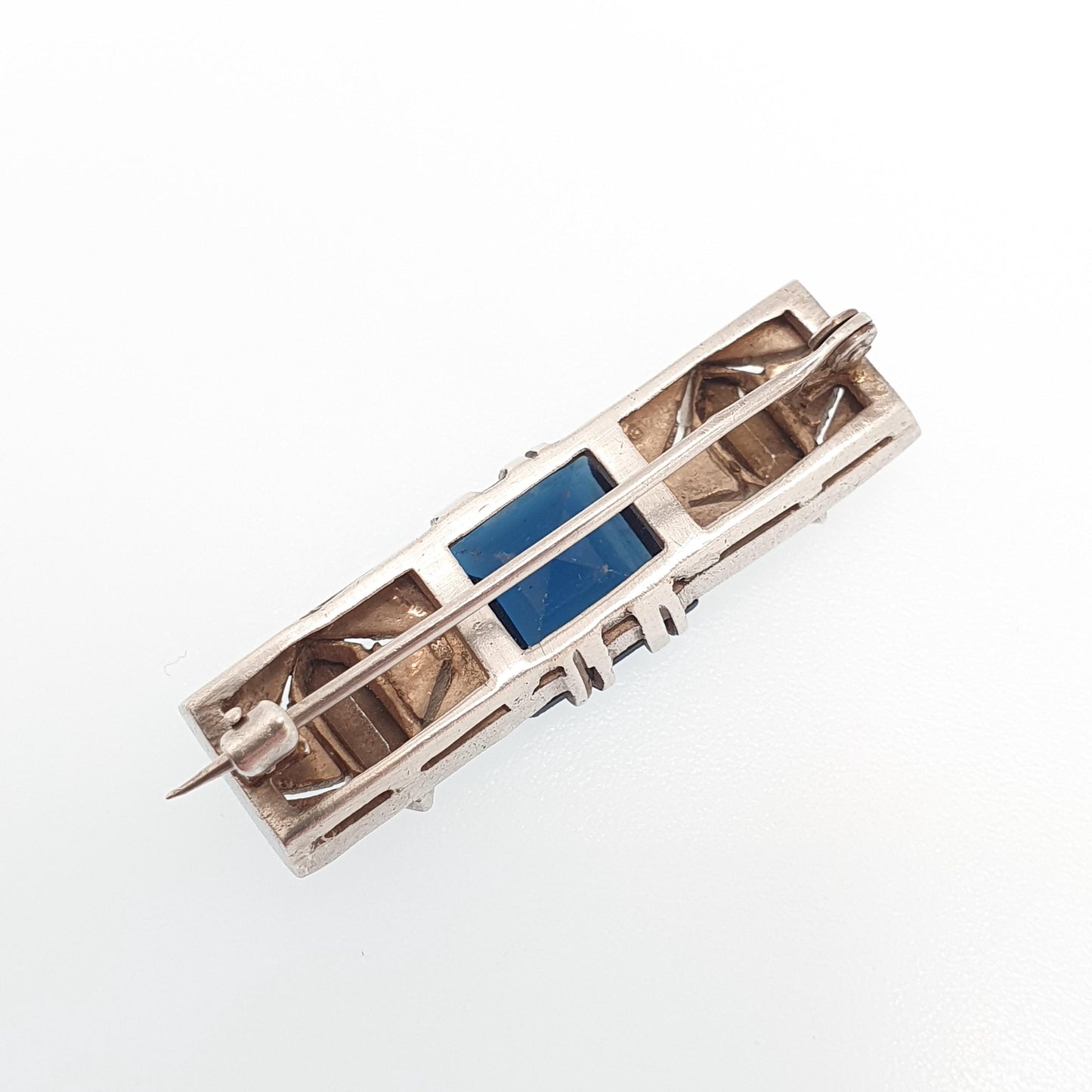 Antique Solid Silver Sapphire Diamond Paste Brooch Art Deco Square Cut Geometric 1920s Flapper Gift Vintage Womens Jewellery Jewelry