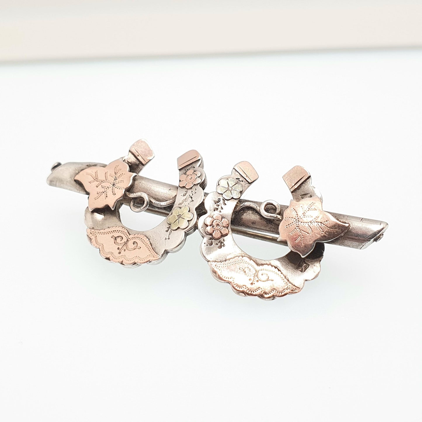 Antique Victorian Sterling Silver Horseshoe Brooch Sweetheart Pin 1876 Hallmark Rose Gold Highlights Flowers 1800s Vintage Jewelry Jewellery