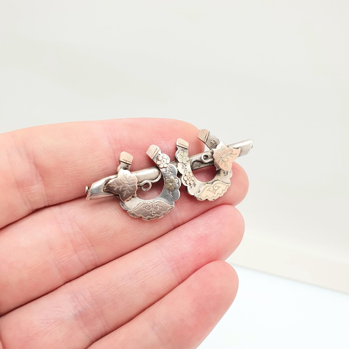 Antique Victorian Sterling Silver Horseshoe Brooch Sweetheart Pin 1876 Hallmark Rose Gold Highlights Flowers 1800s Vintage Jewelry Jewellery