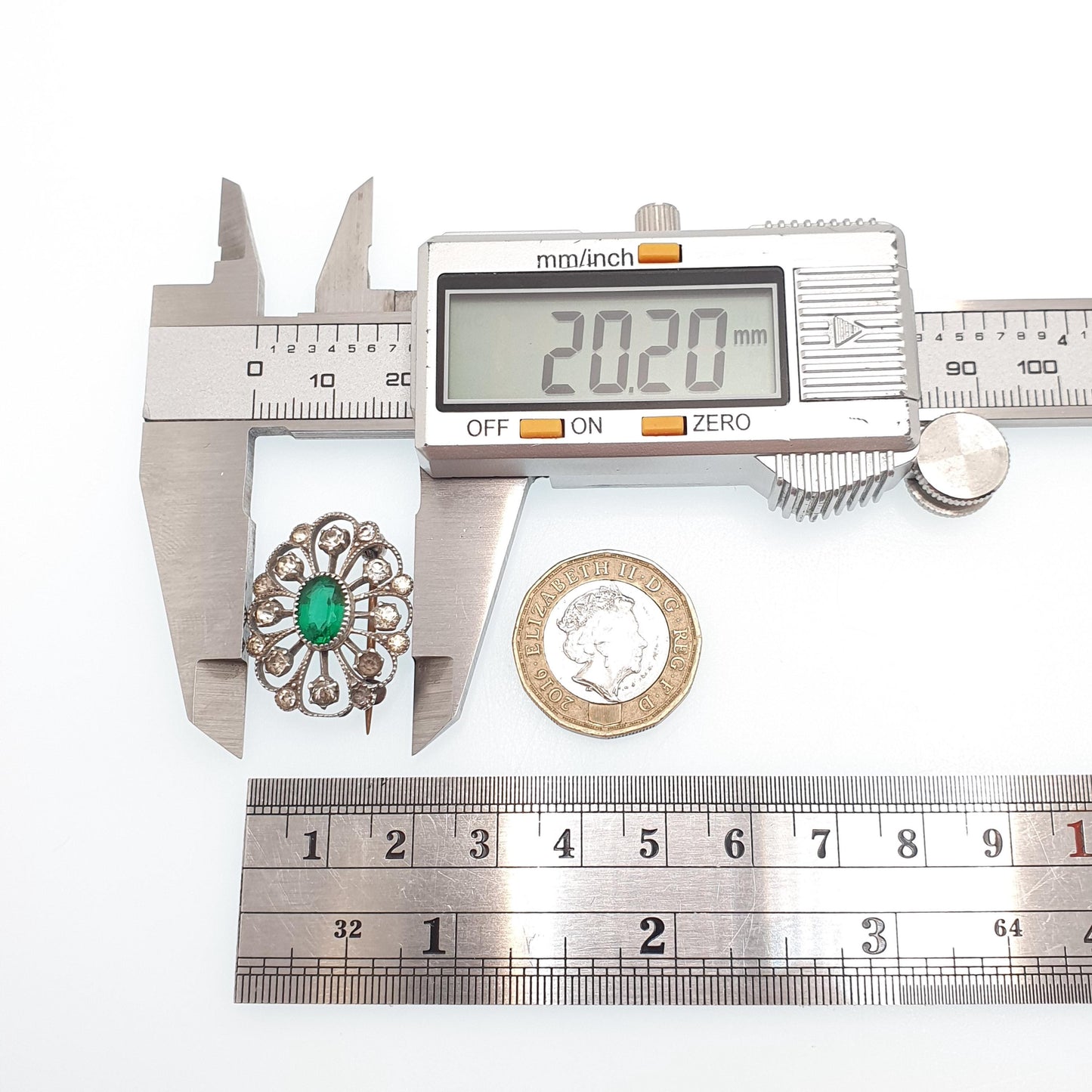 Antique Solid Silver Emerald Paste Brooch Victorian Diamond Pastes Vintage Sparkly Spiral Swirl Sparkly Oval Cut Womens Jewelry Jewellery