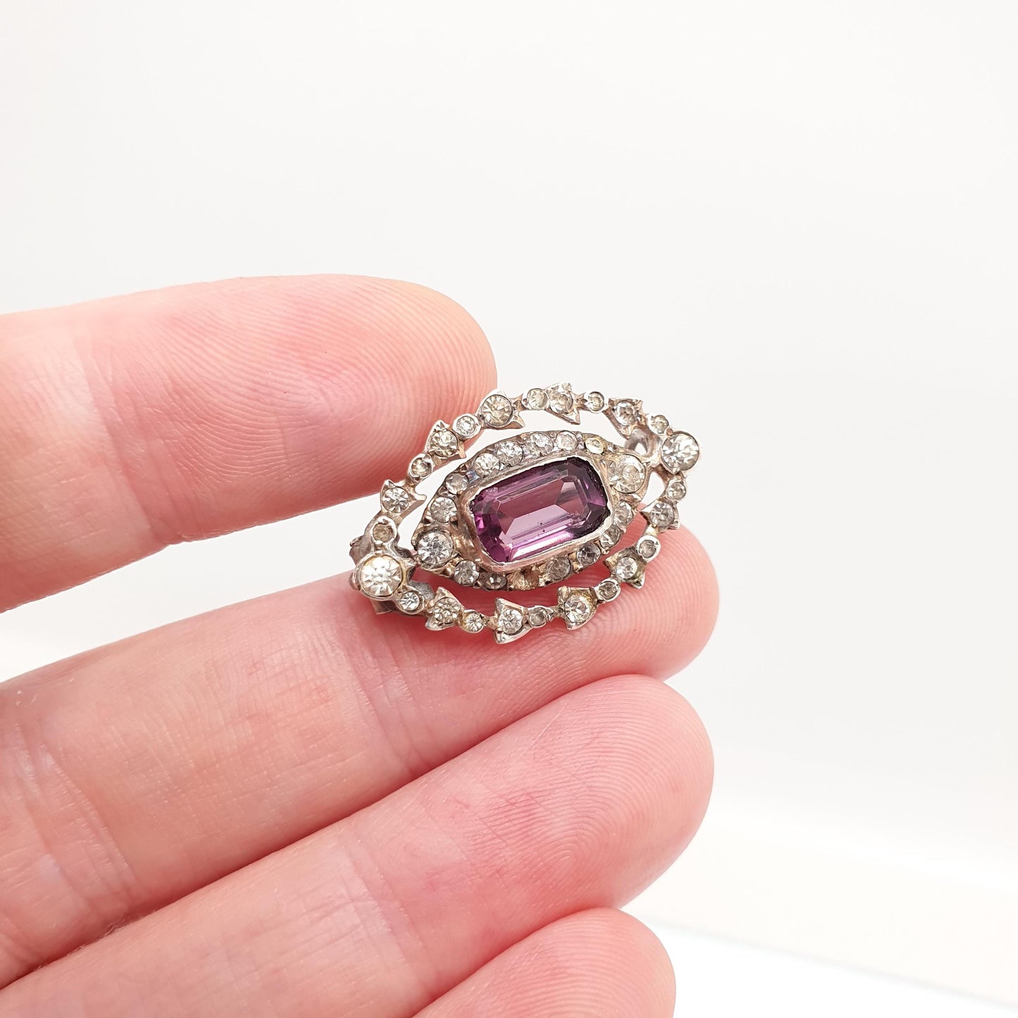 Antique Solid Silver Amethyst Paste Brooch Victorian Diamond Pastes Cluster Ellipse Eye Shape 1800s Genuine Vintage Womens Jewelry Jewellery