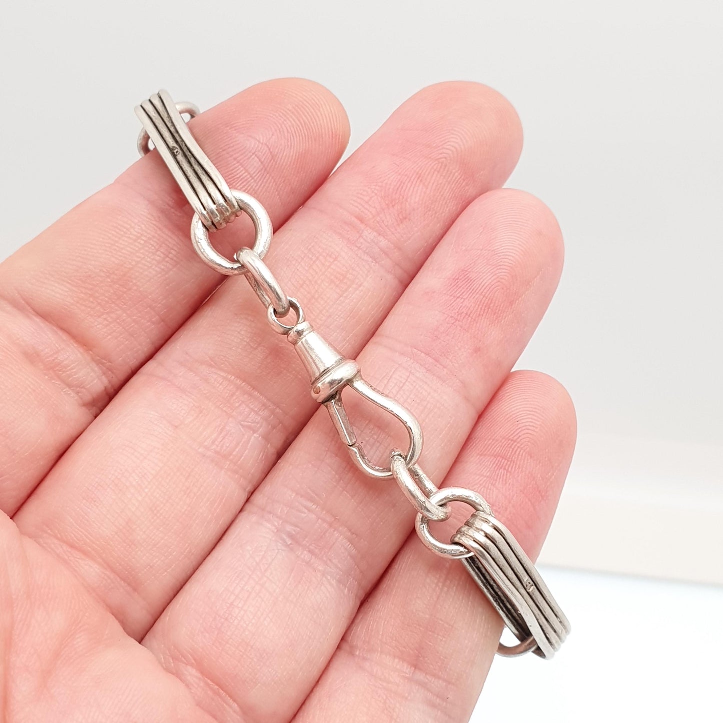Antique Sterling Silver Bar Staple Link Bracelet Dog Clip Albert Chain Rectangular Links Elongated 16.93g 18cm Gift Vintage Womens Jewelry