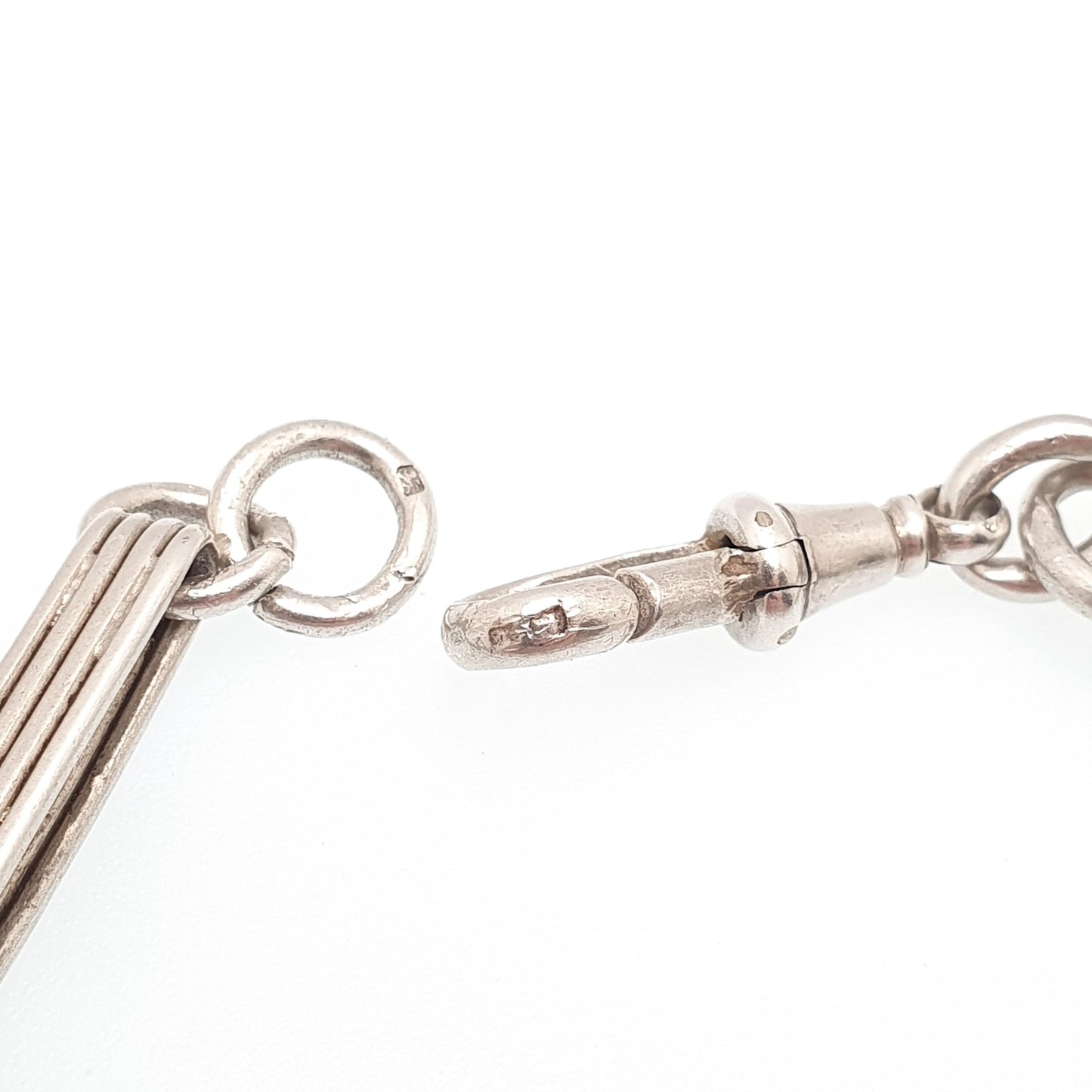Antique Sterling Silver Bar Staple Link Bracelet Dog Clip Albert Chain Rectangular Links Elongated 16.93g 18cm Gift Vintage Womens Jewelry