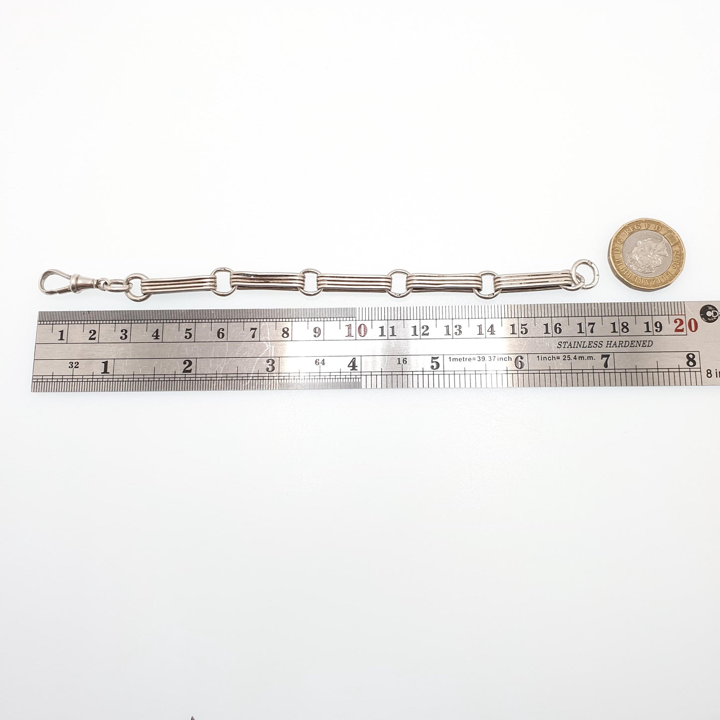 Antique Sterling Silver Bar Staple Link Bracelet Dog Clip Albert Chain Rectangular Links Elongated 16.93g 18cm Gift Vintage Womens Jewelry