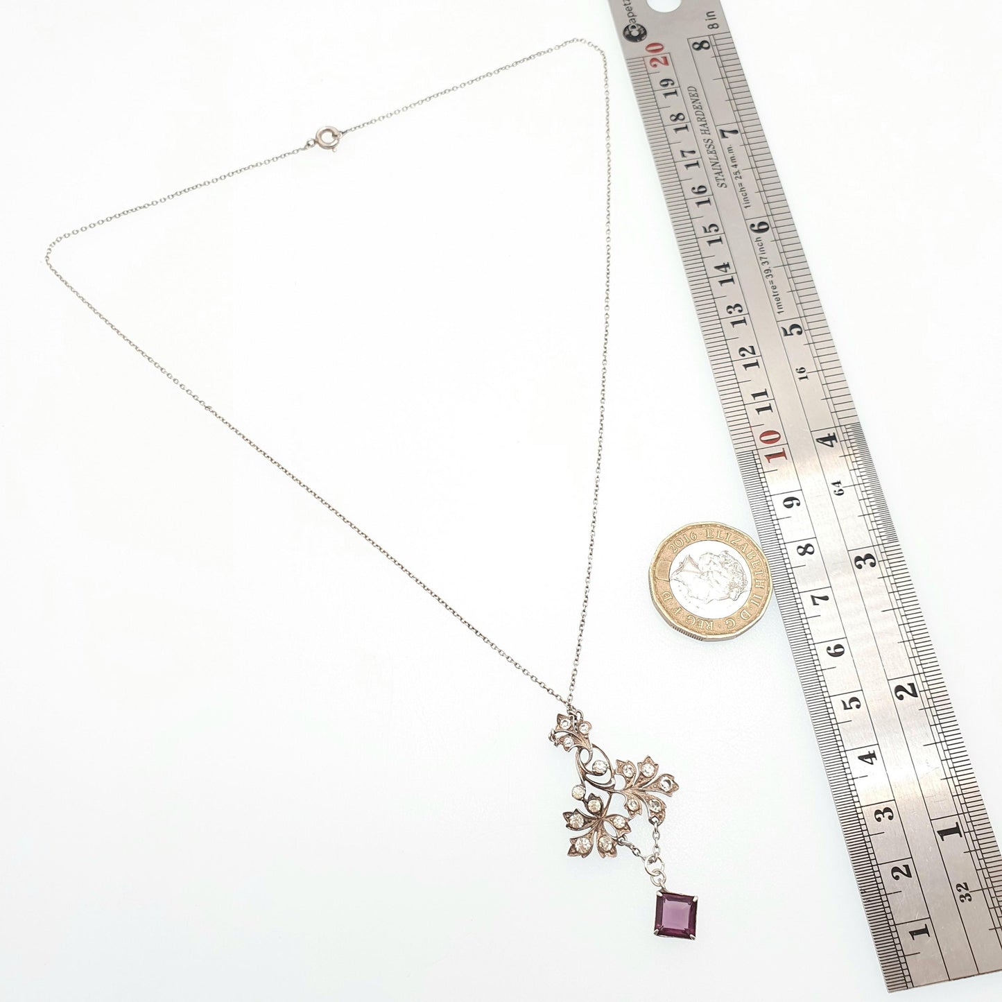 Antique Sterling Silver Amethyst Paste Pendant Y Necklace Lavaliere Diamond Pastes Art Nouveau 935 Square Vintage Womens Jewelry Jewellery