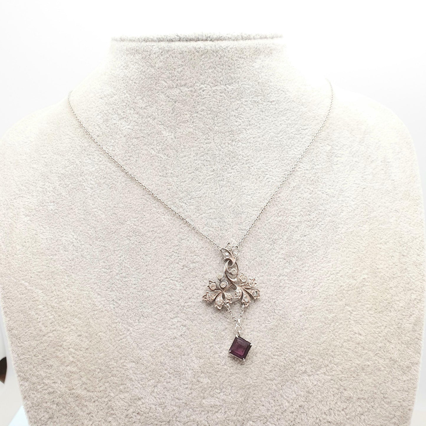 Antique Sterling Silver Amethyst Paste Pendant Y Necklace Lavaliere Diamond Pastes Art Nouveau 935 Square Vintage Womens Jewelry Jewellery