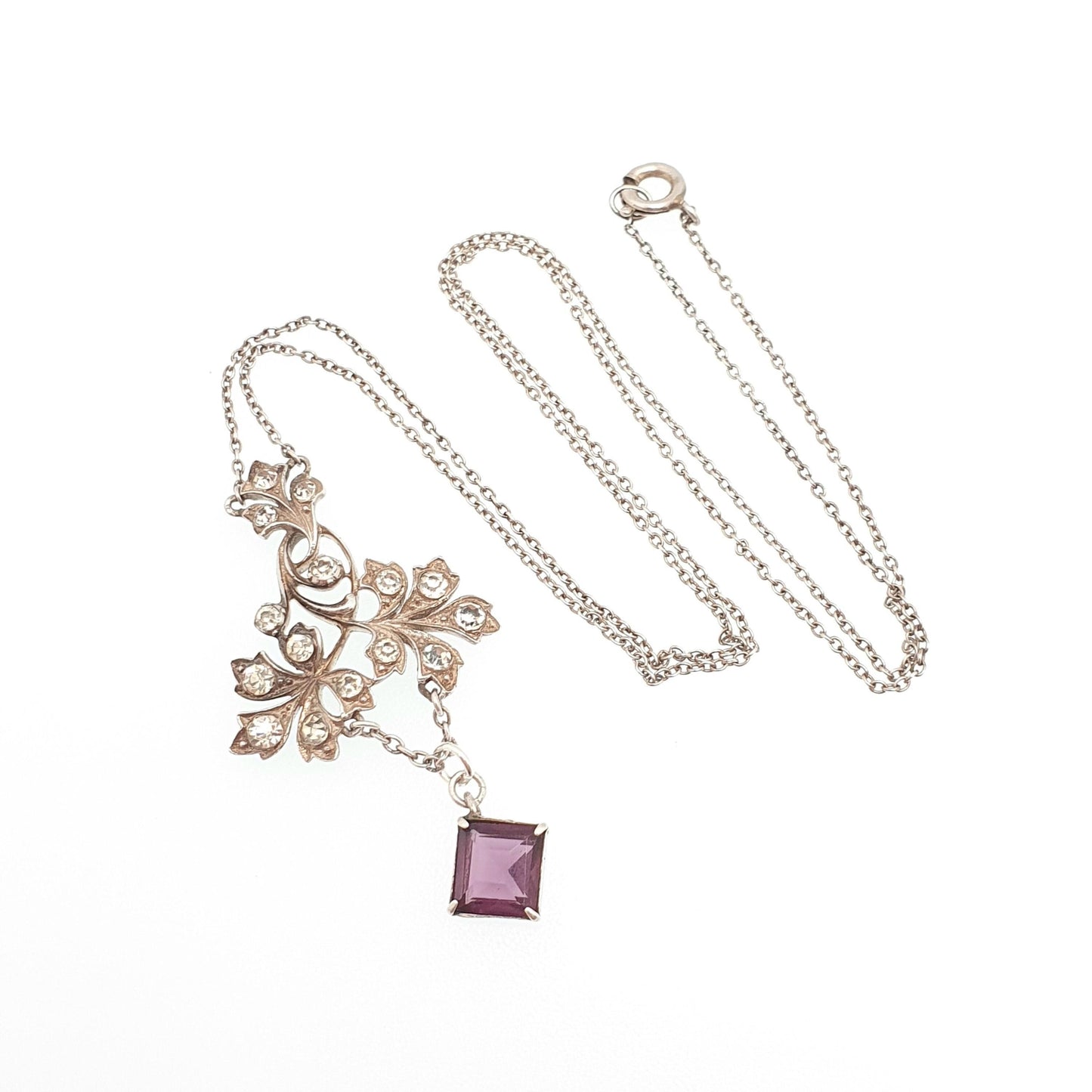 Antique Sterling Silver Amethyst Paste Pendant Y Necklace Lavaliere Diamond Pastes Art Nouveau 935 Square Vintage Womens Jewelry Jewellery