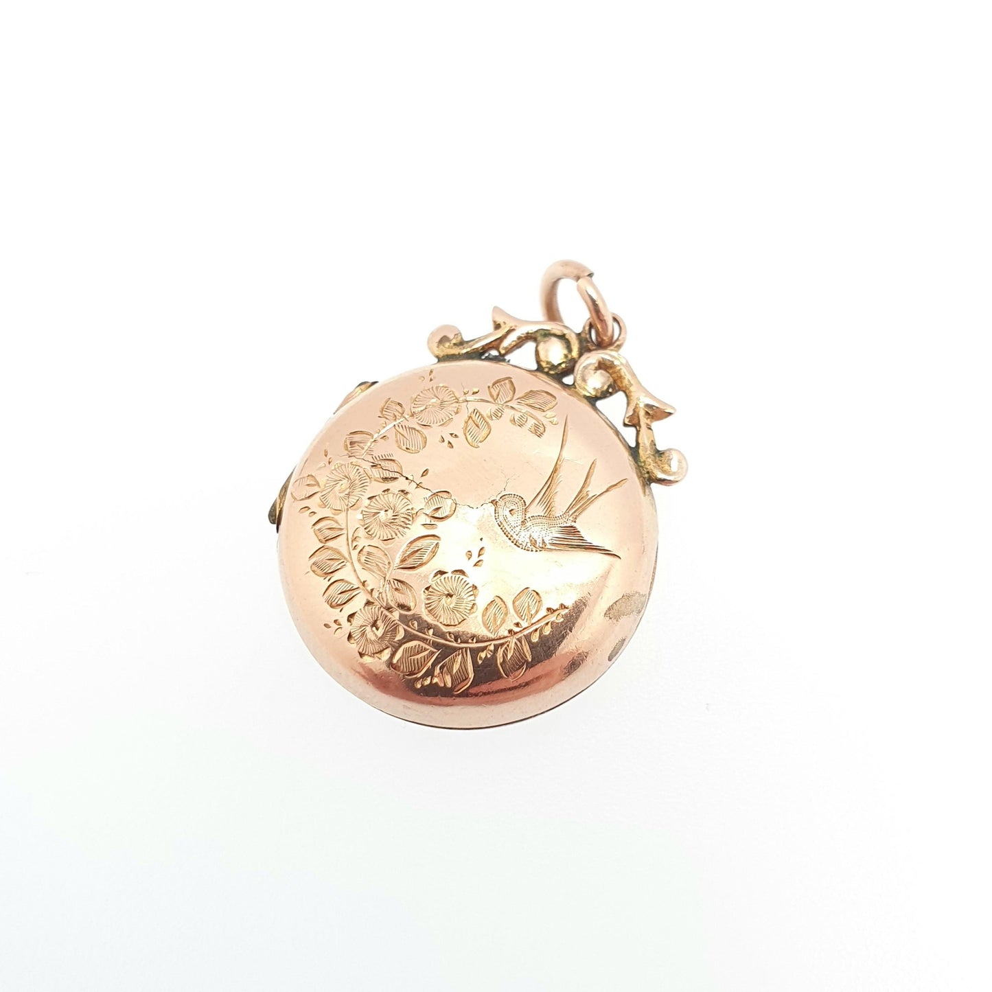 Antique 9ct Gold Bird Locket Solid 9k 375 Round Scroll Bail Pendant Fine Estate Big Love Gift Back & Front Necklace Jewelry Womens Jewellery