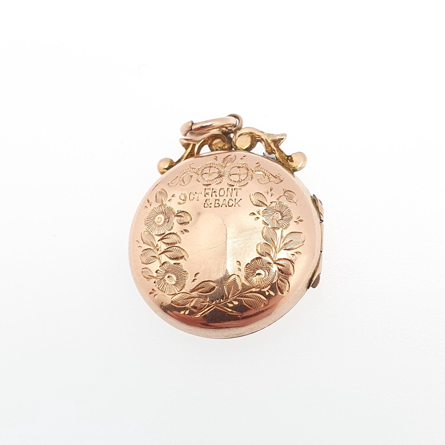 Antique 9ct Gold Bird Locket Solid 9k 375 Round Scroll Bail Pendant Fine Estate Big Love Gift Back & Front Necklace Jewelry Womens Jewellery