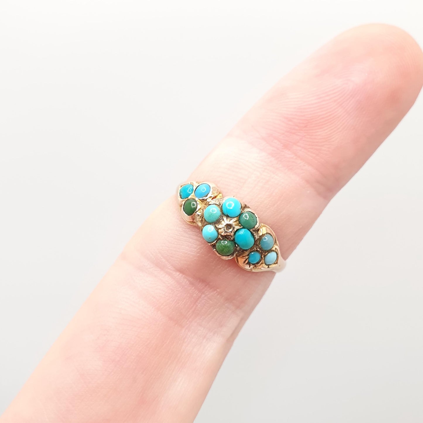 Antique Victorian 9ct Gold Turquoise Ring Cluster Forget Me Not Solid 9k 375 Natural Gemstone Fine Gift Womens Vintage Jewelry Jewellery
