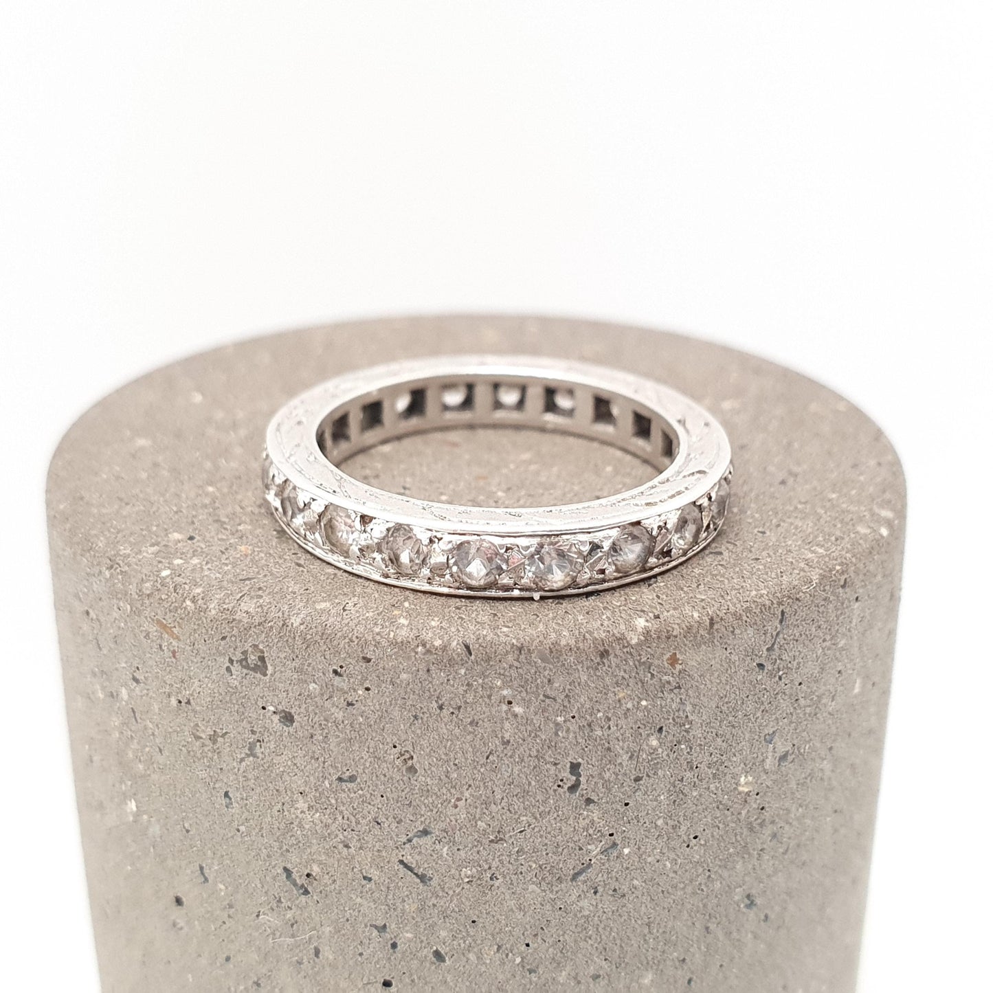 Antique Solid Silver Eternity Ring White Spinel Gemstone Art Deco French Hallmark Full Band Pinky Pinkie Vintage Womens Jewelry Jewellery